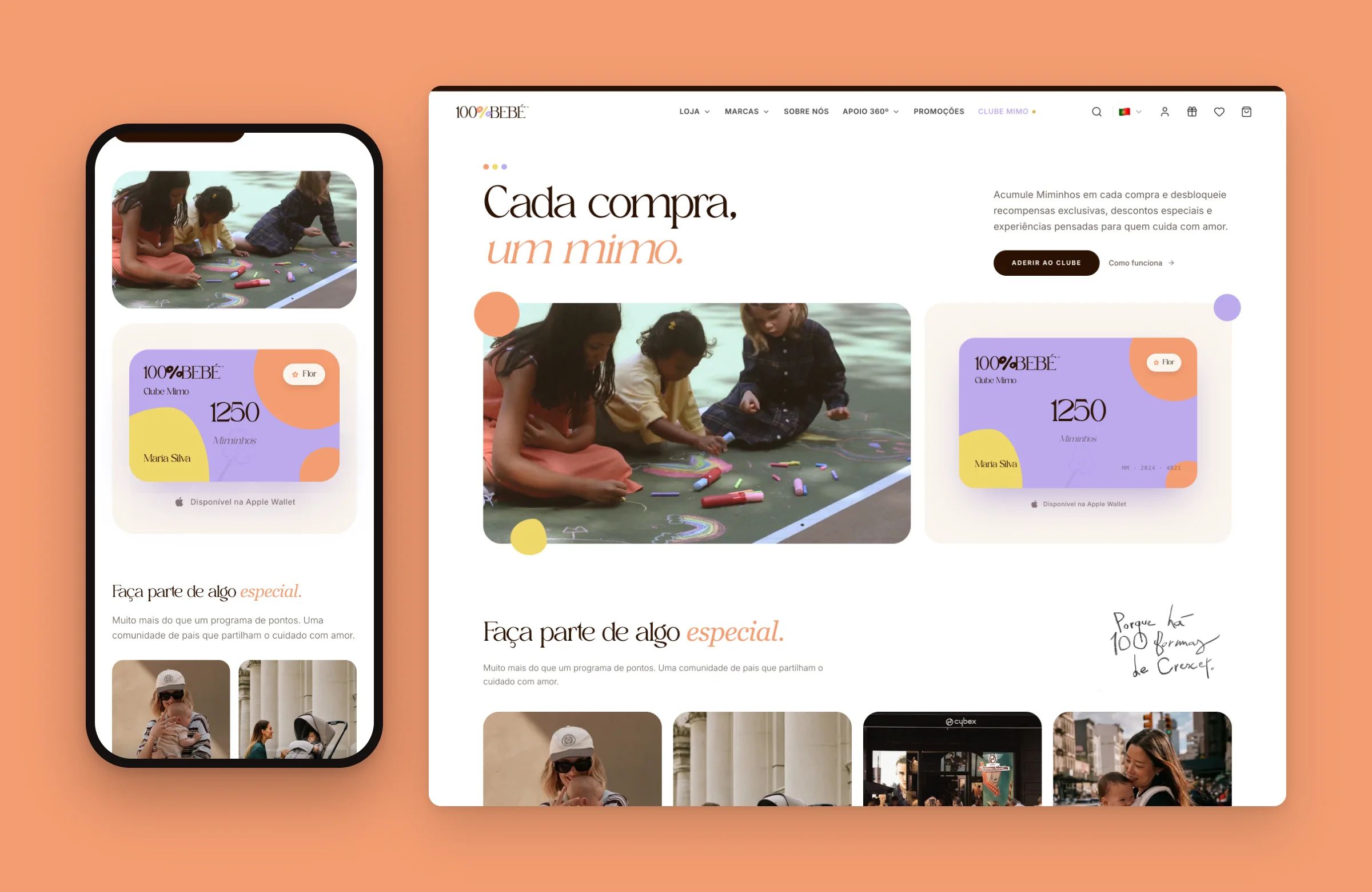 Clube Mimo, the 100% Bebé loyalty club, with its Apple Wallet card on mobile and desktop