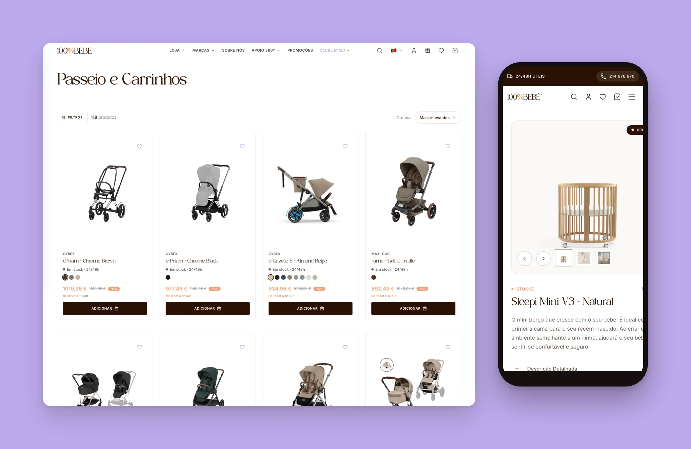 100% Bebé shop: the strollers category on desktop and a product page on mobile