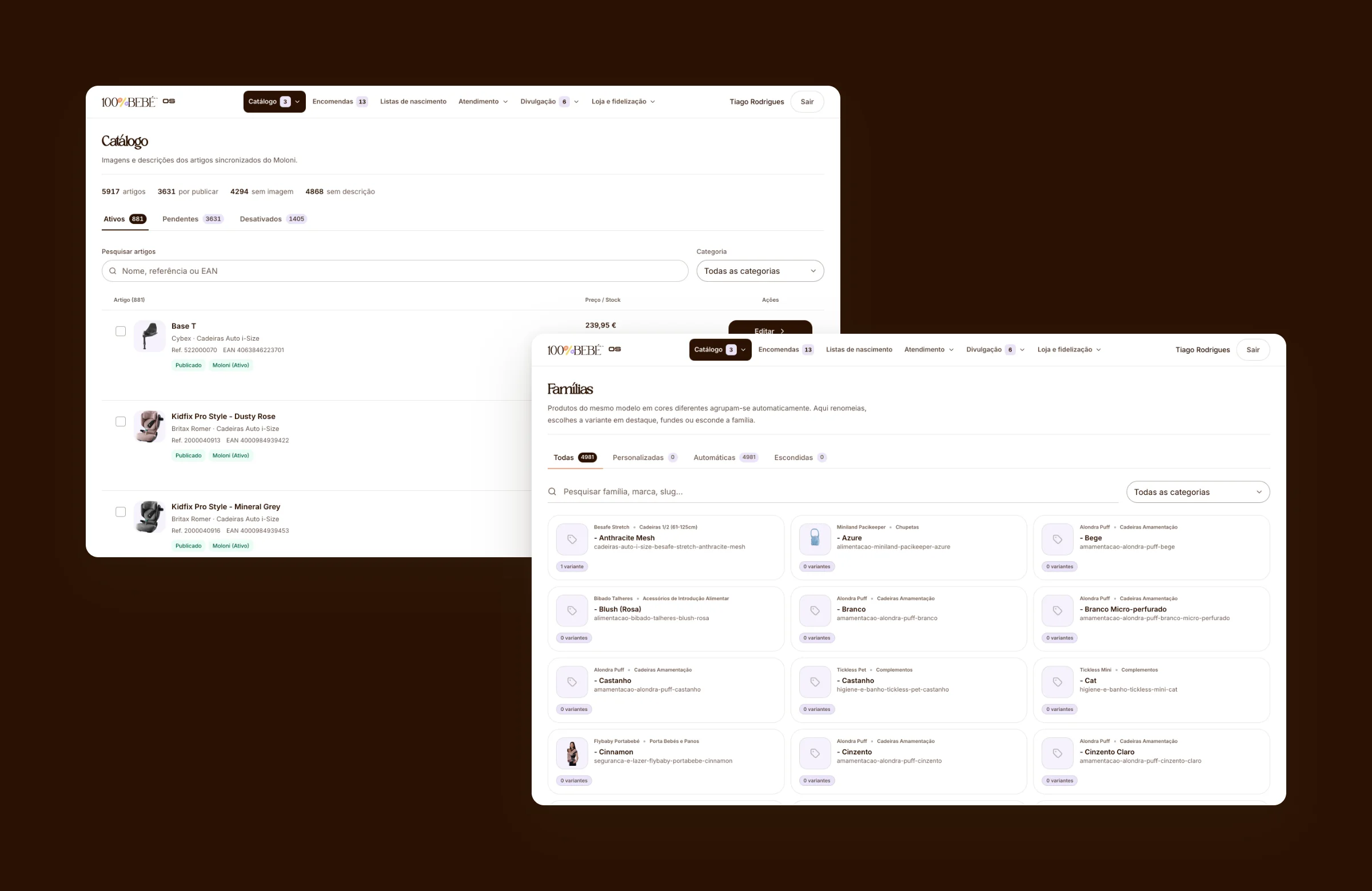 100% Bebé OS: the catalogue of 5,917 items synced from Moloni and the product families