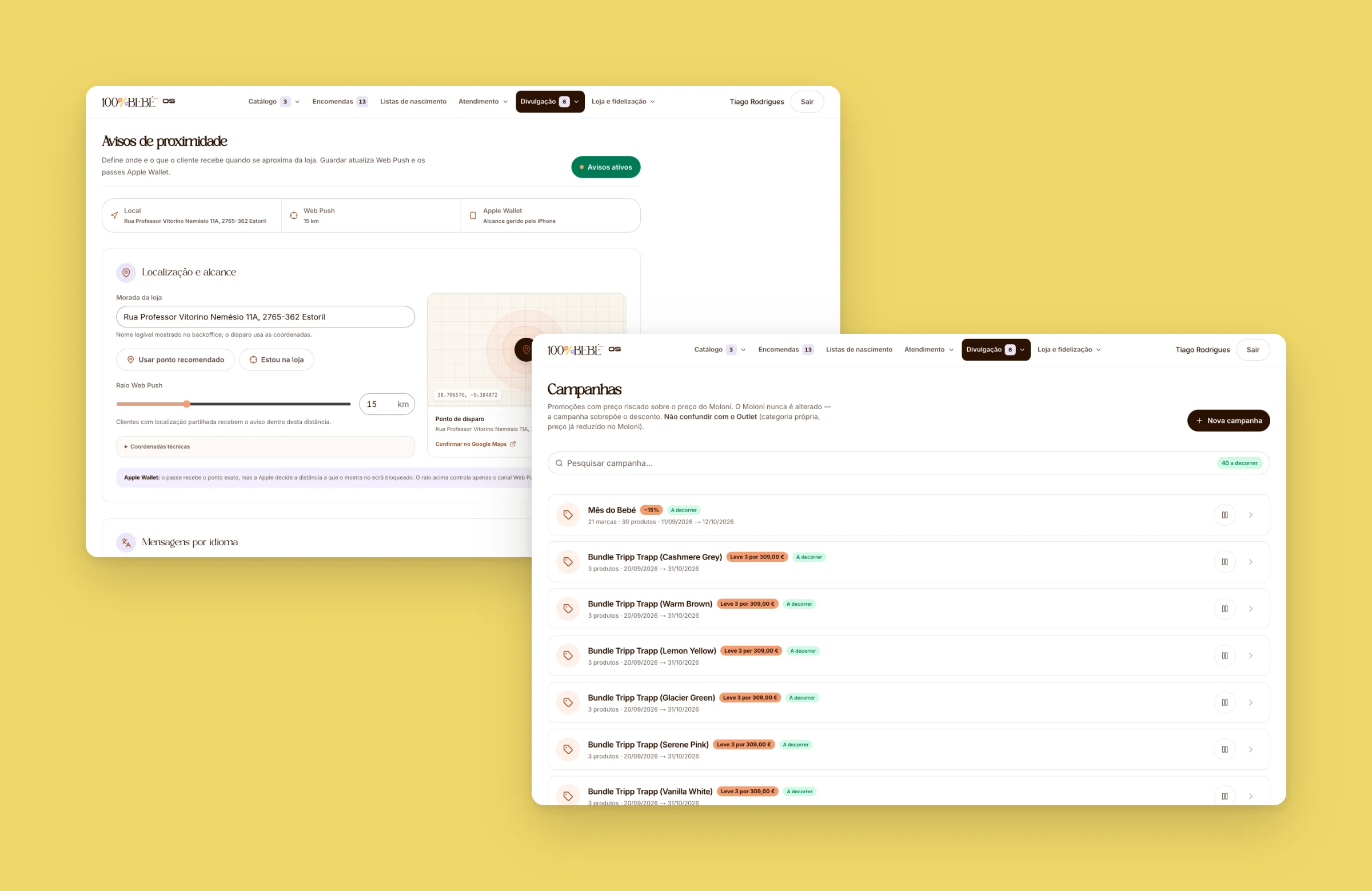 100% Bebé OS: proximity notices by Web Push and Apple Wallet, and the campaigns list
