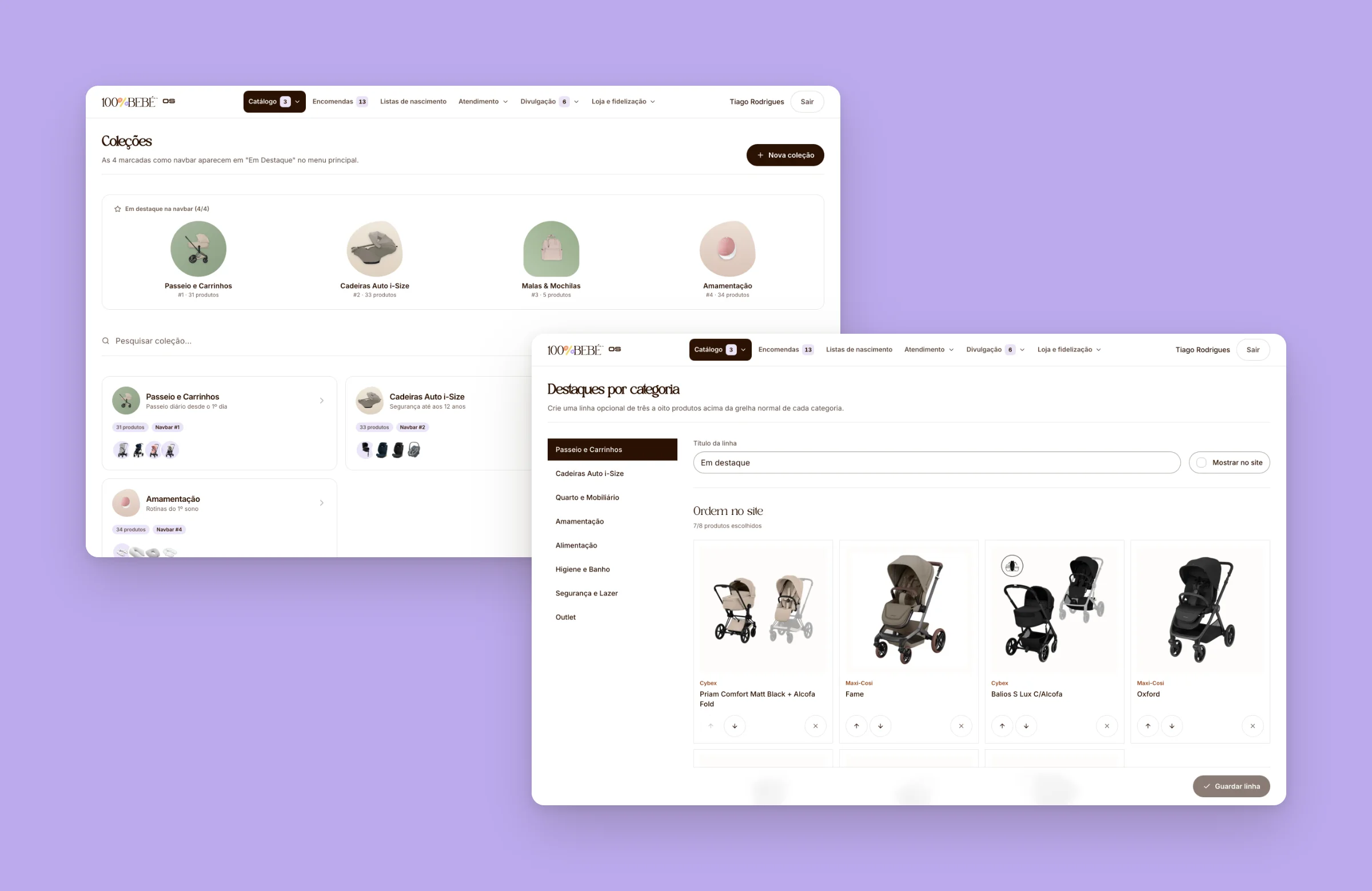100% Bebé OS: collections featured in the navigation and highlights per category