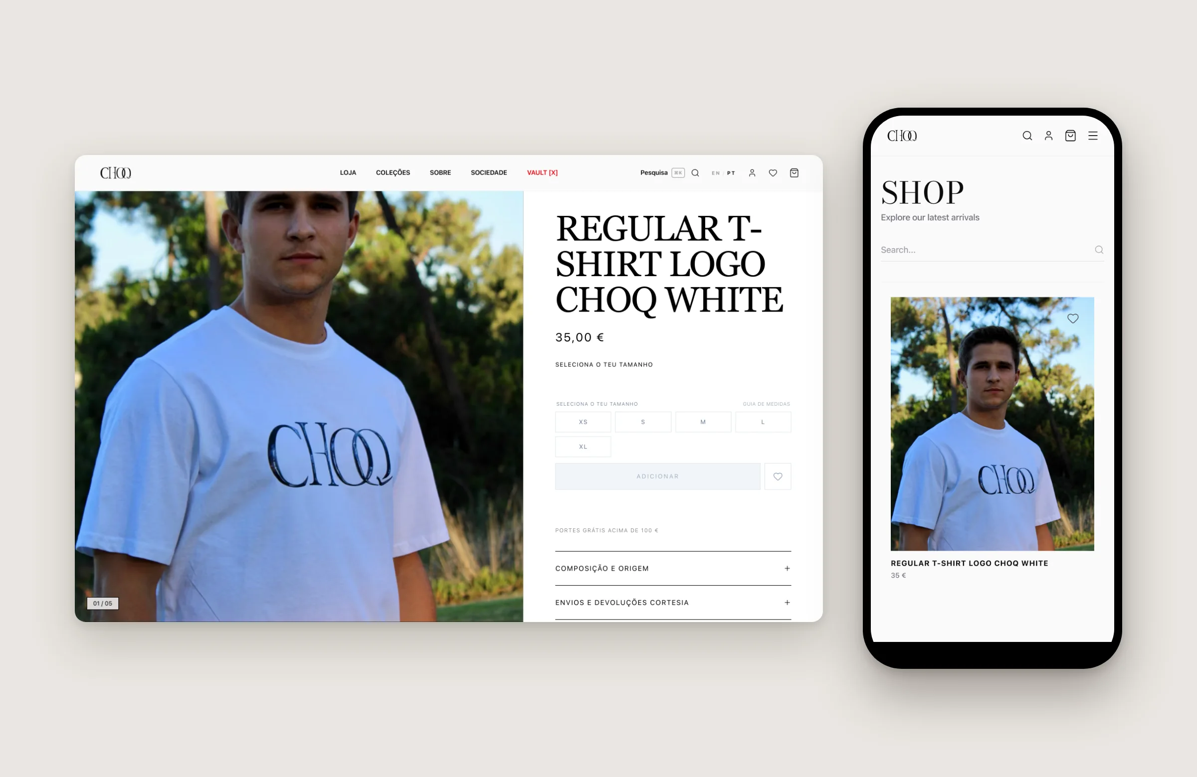CHOQ product page with sizes and the shop on mobile