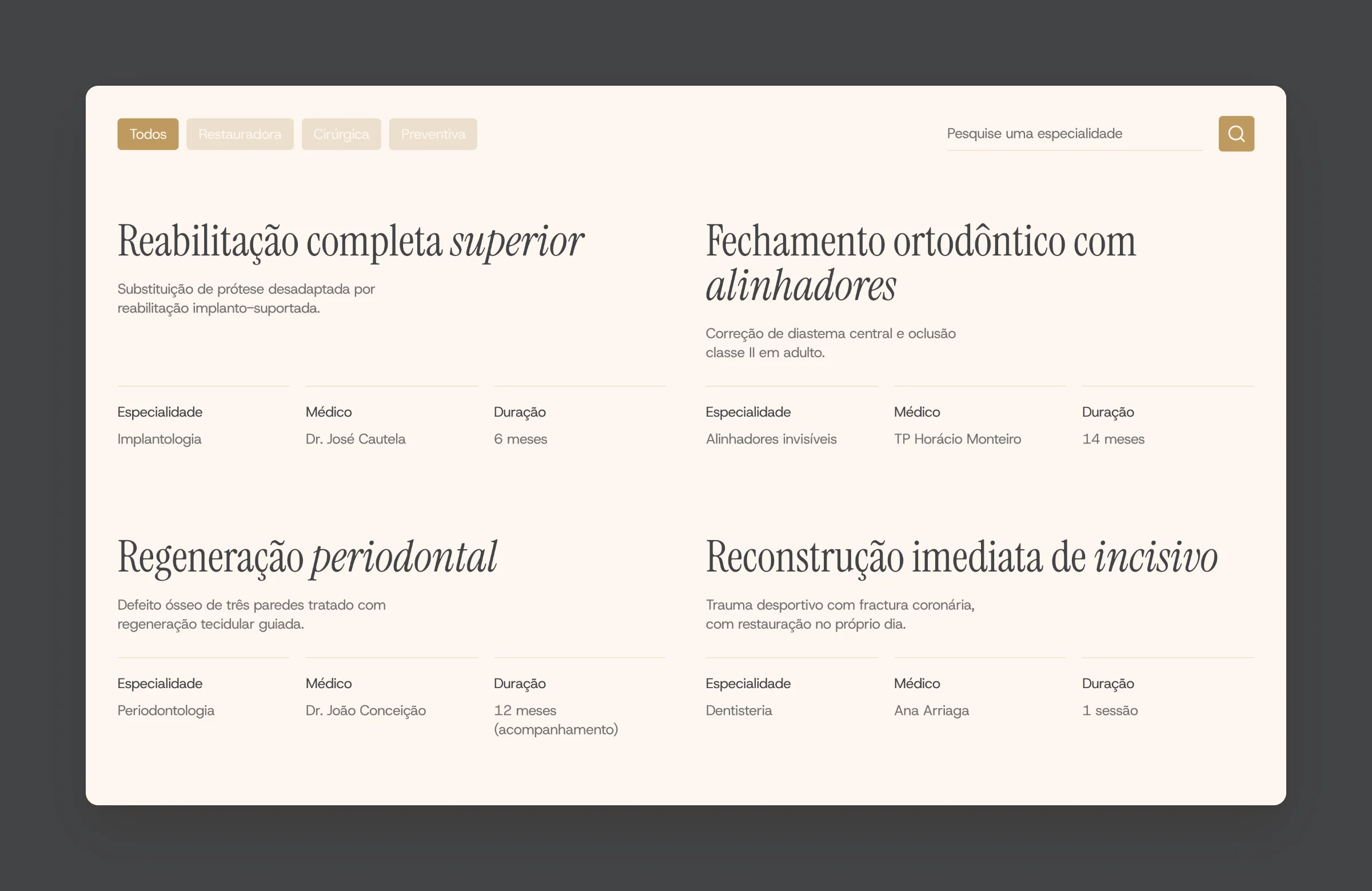 Clínica Cautela clinical cases with specialty, doctor and treatment length