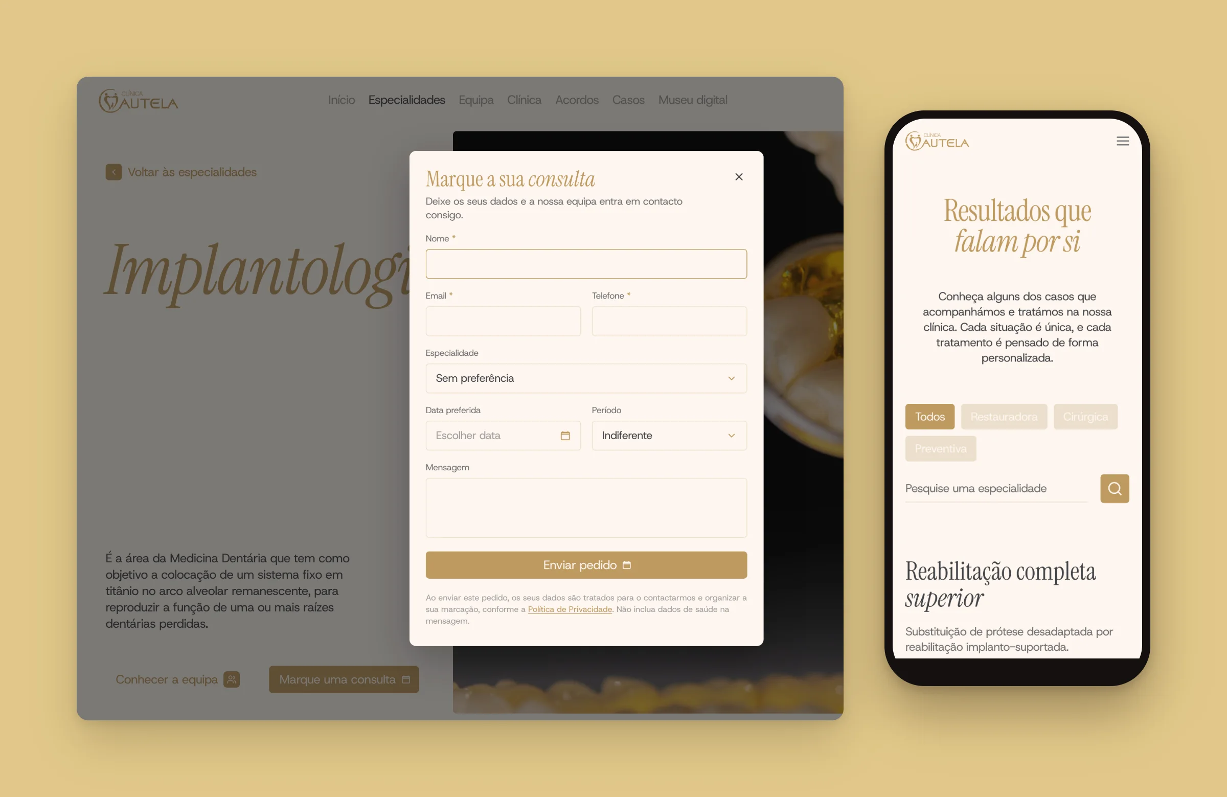Clínica Cautela appointment request form on desktop and the cases page on mobile