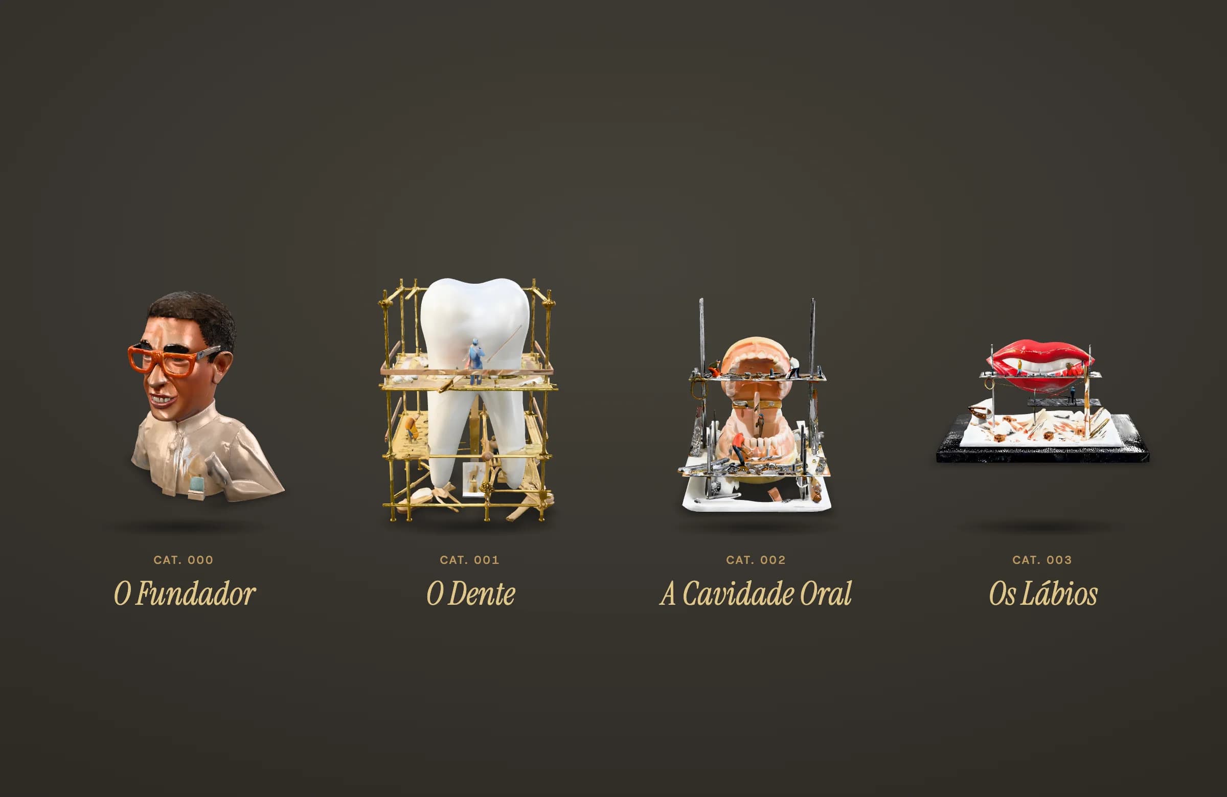 The four pieces from Clínica Cautela's collection, digitised in 3D: the founder, the tooth, the oral cavity and the lips
