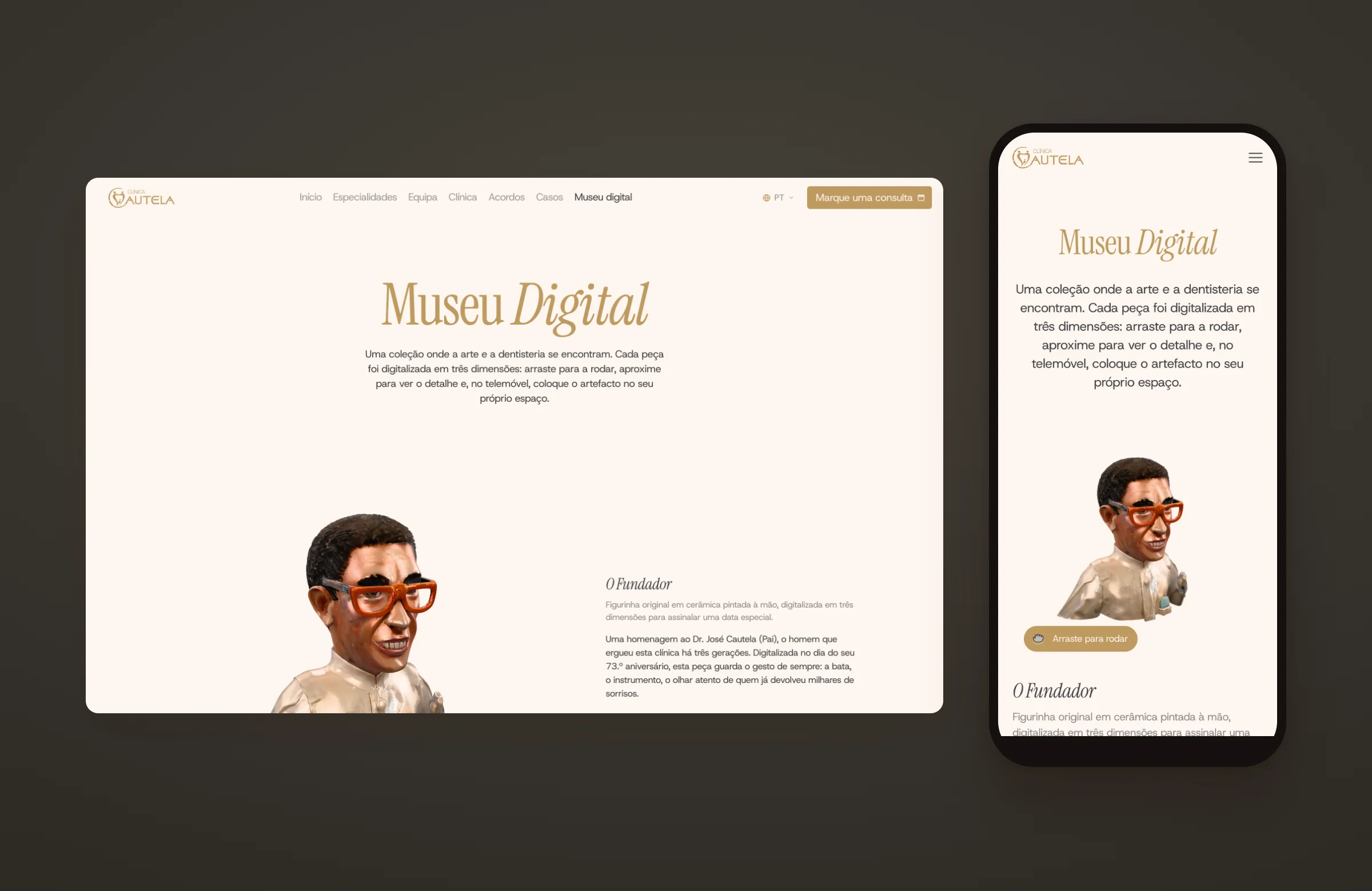 Clínica Cautela's digital museum on desktop and mobile, with the founder figurine in 3D