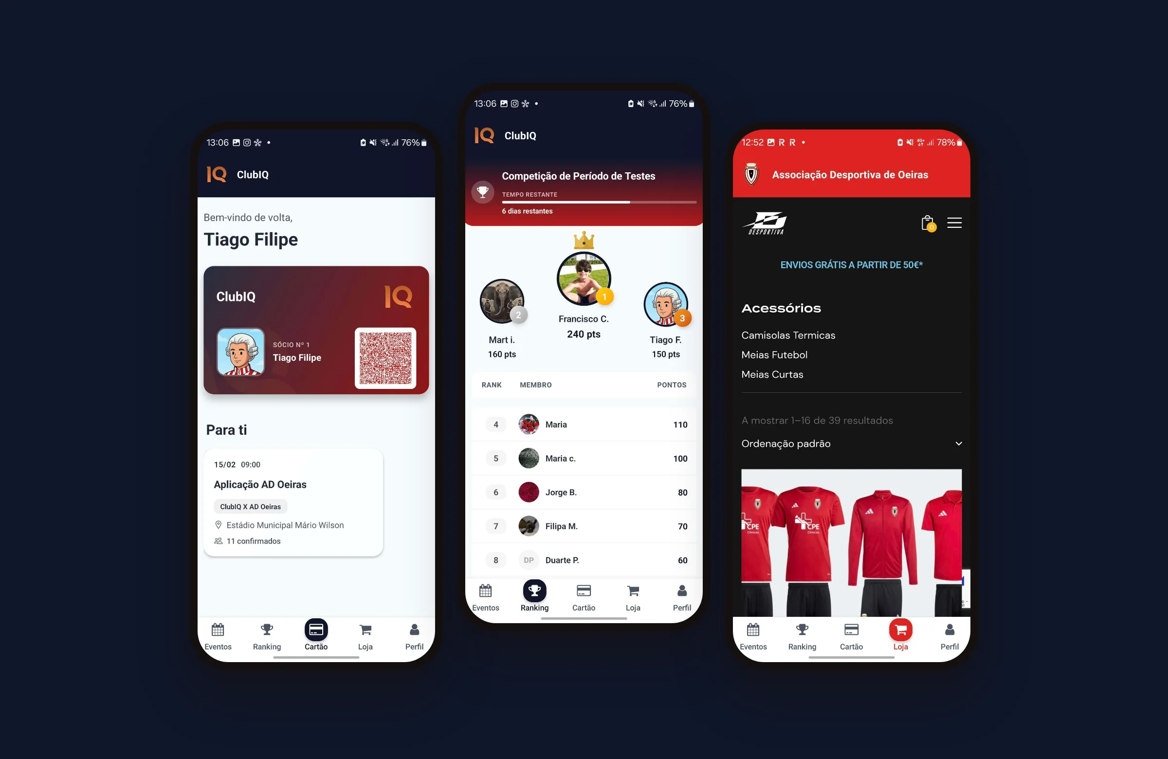 Club IQ member app: digital membership card with QR, points ranking and the club shop