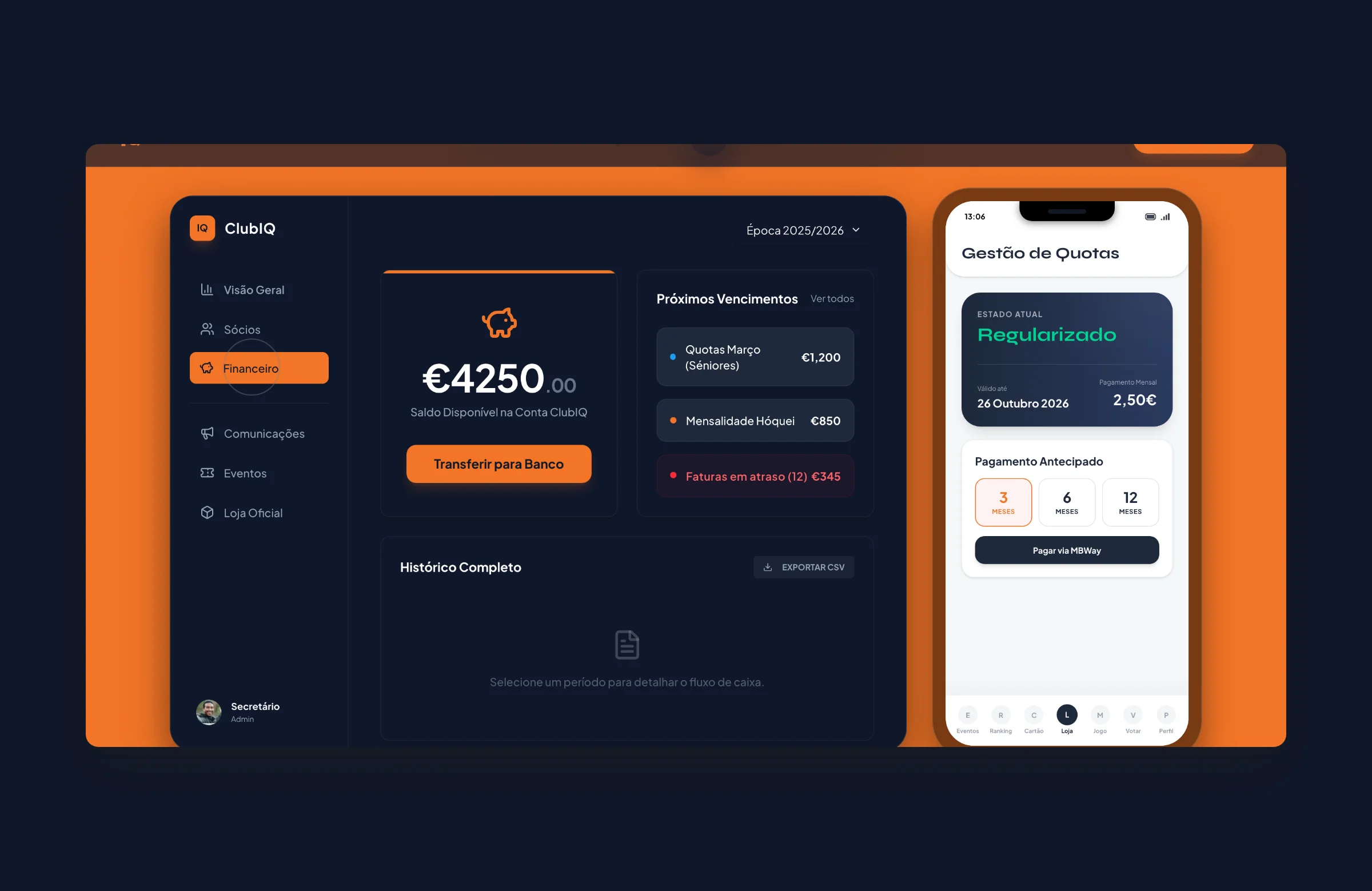 Club IQ finance panel: club balance, upcoming fees and late invoices, next to fee management on the phone