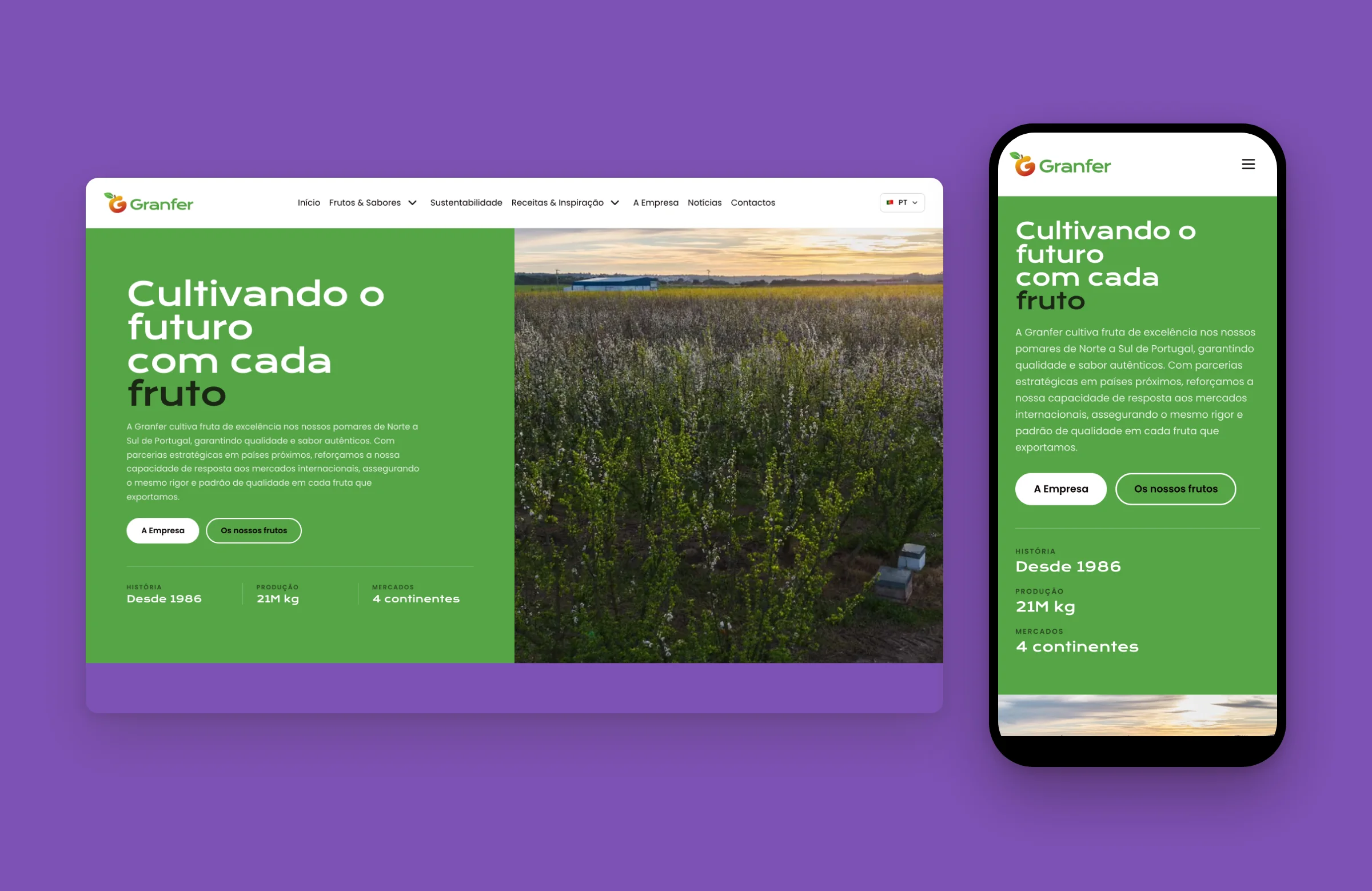 Granfer homepage on desktop and mobile: growing the future with every fruit