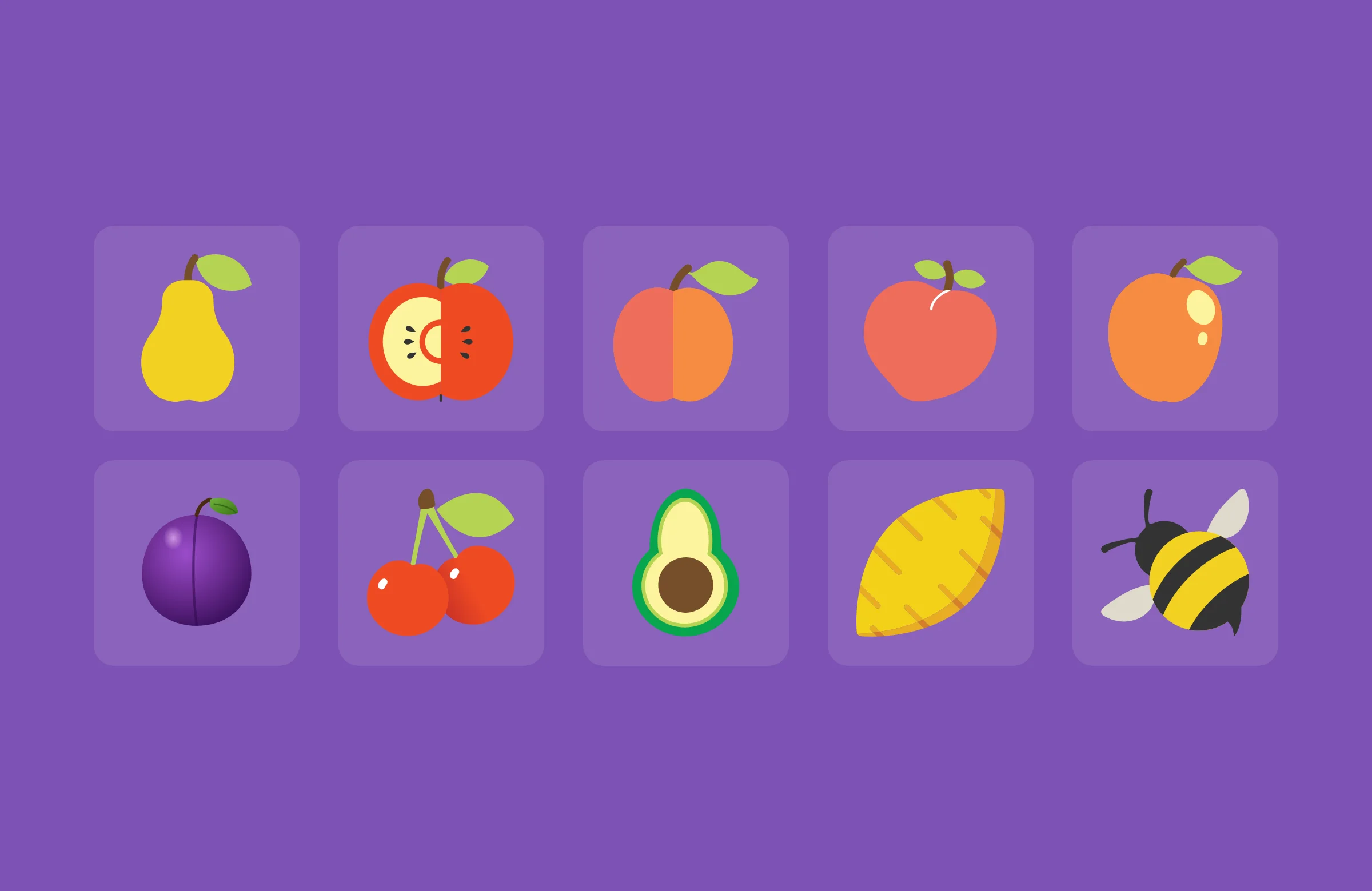 Granfer fruit illustrations: pear, apple, peach, nectarine, apricot, plum, cherries, avocado, sweet potato and the bee cursor
