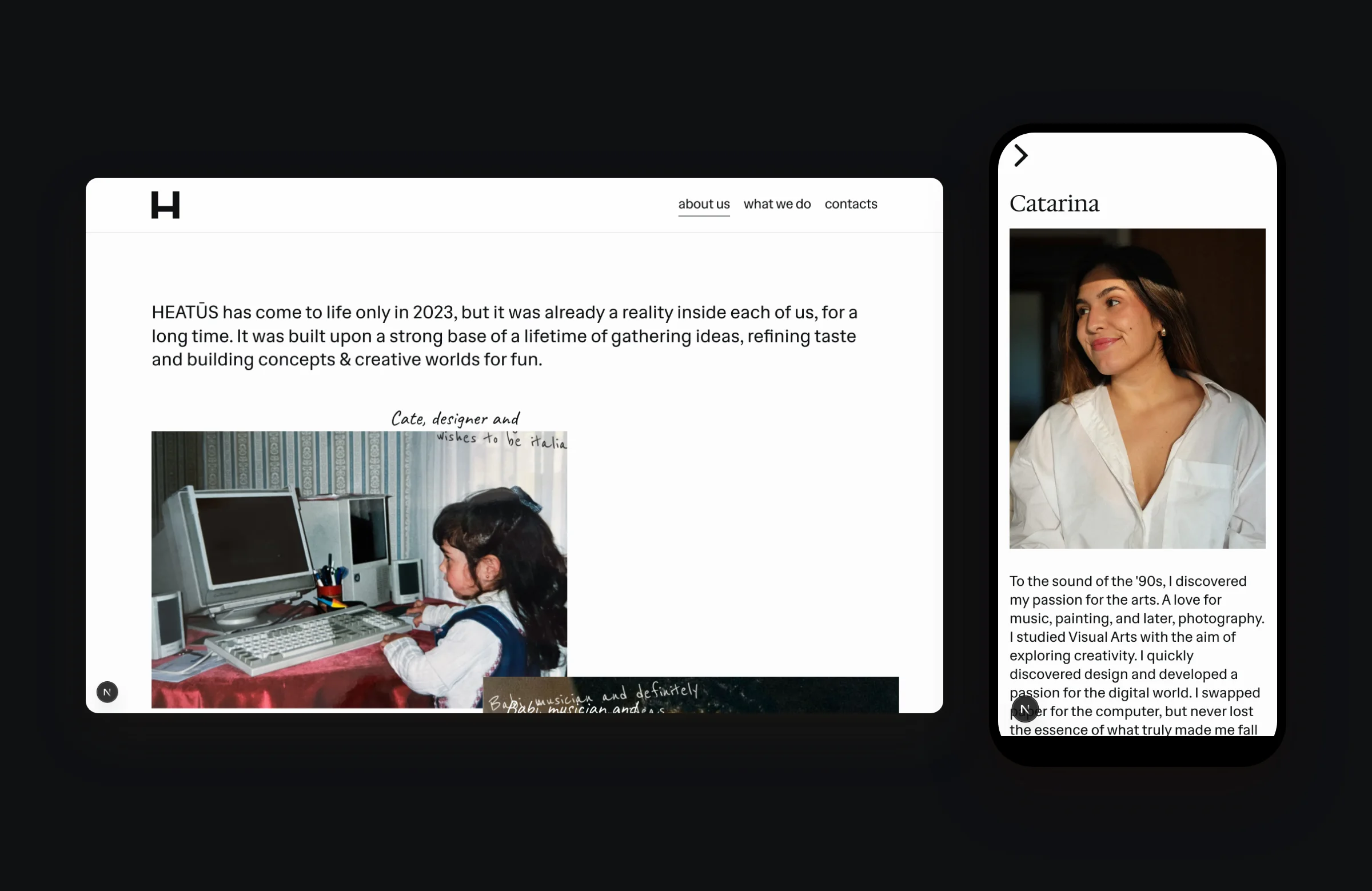 Heatūs about page with handwritten captions and a team member profile