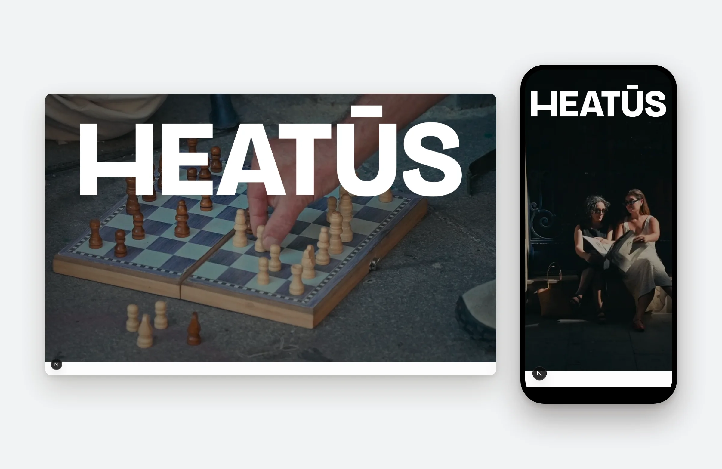 Heatūs homepage on desktop and mobile, with the wordmark over the opening video
