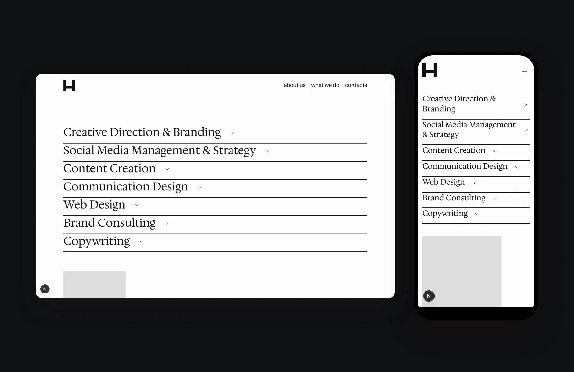 Heatūs seven services as an editorial list on desktop and mobile