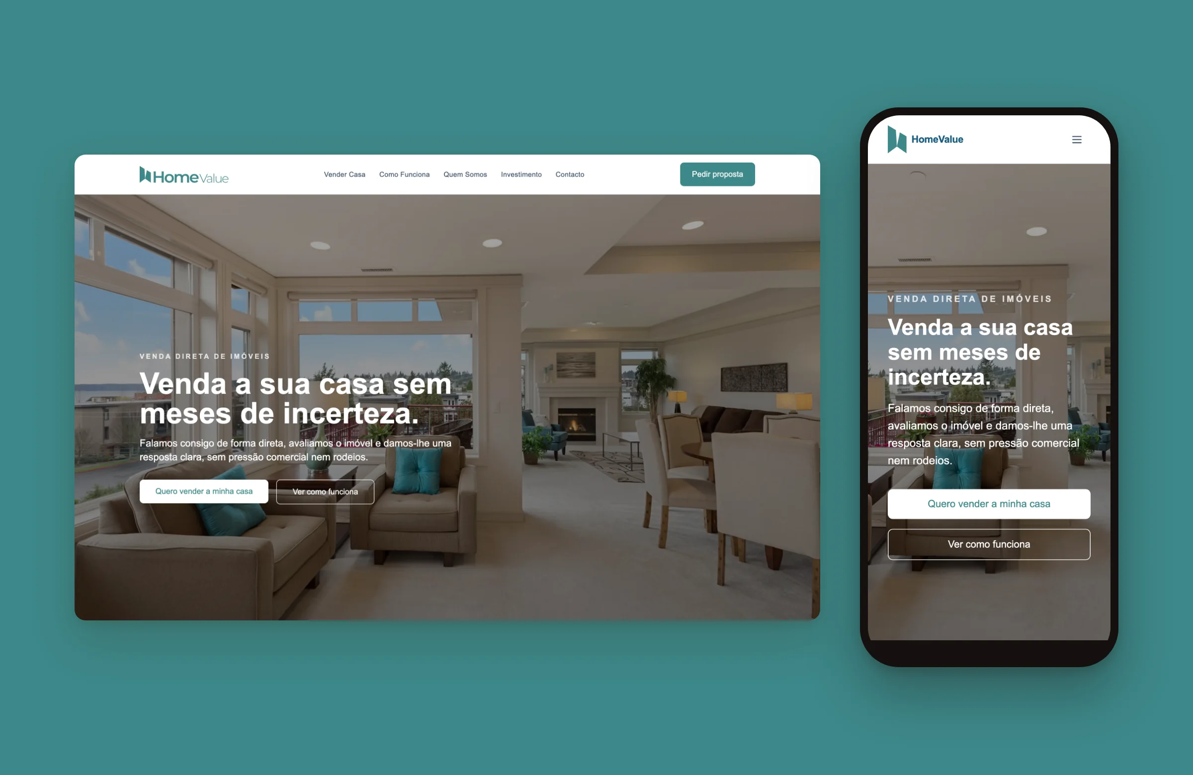 HomeValue homepage on desktop and mobile: sell your house without months of uncertainty