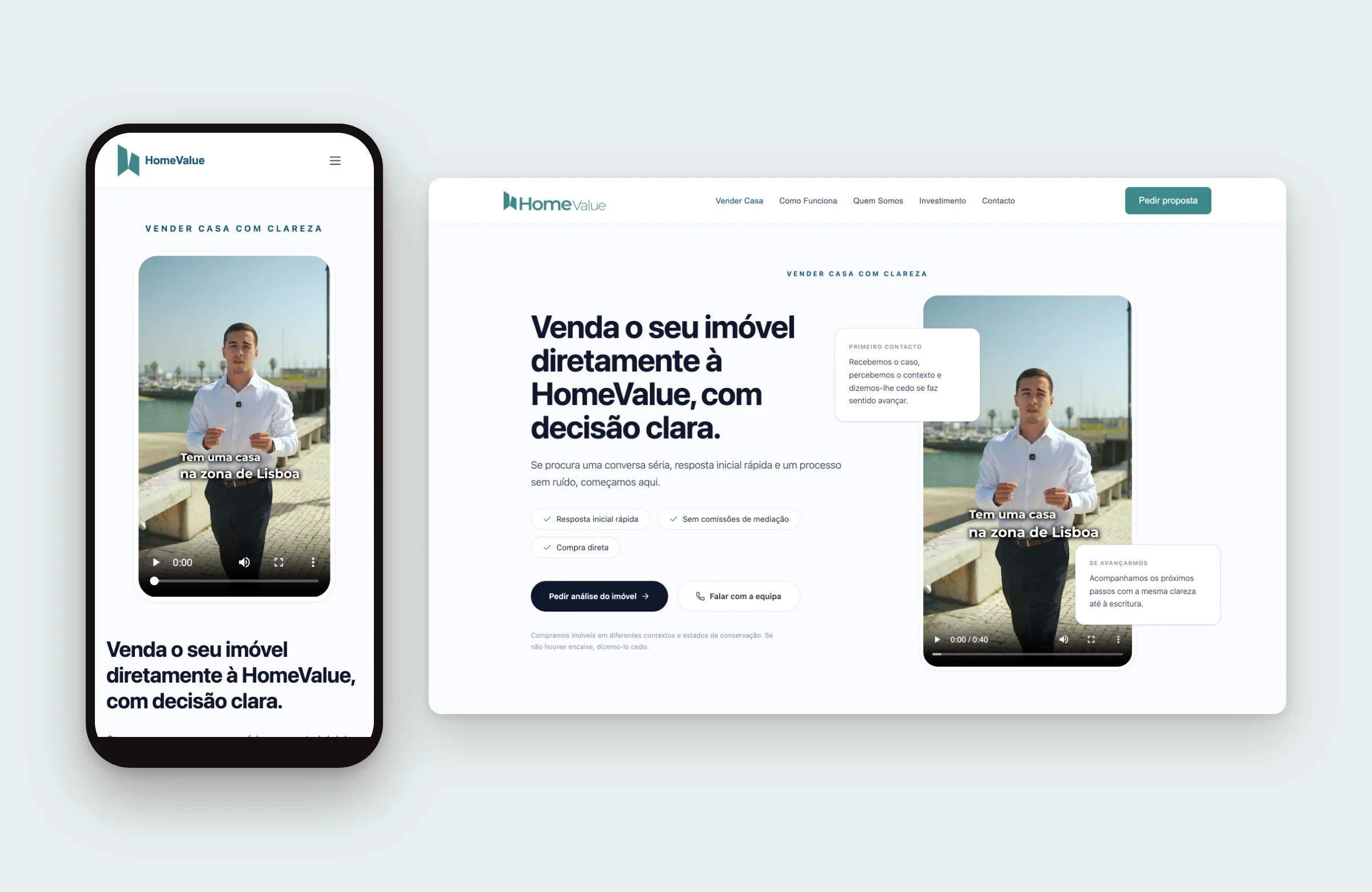 HomeValue seller page with the founder's subtitled video, on mobile and desktop