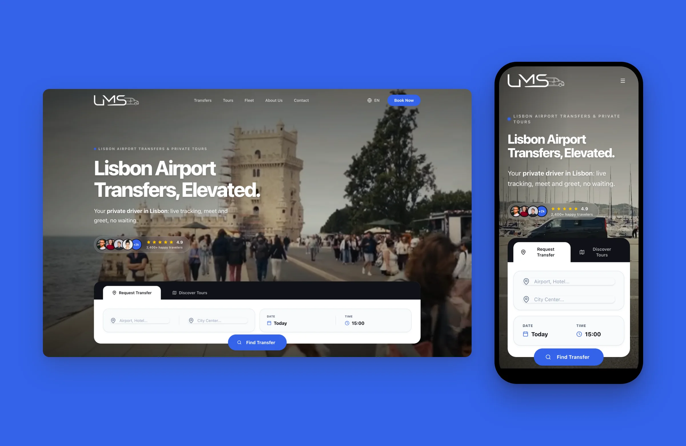 LMS Travel Services homepage on desktop and mobile, with the airport transfer search