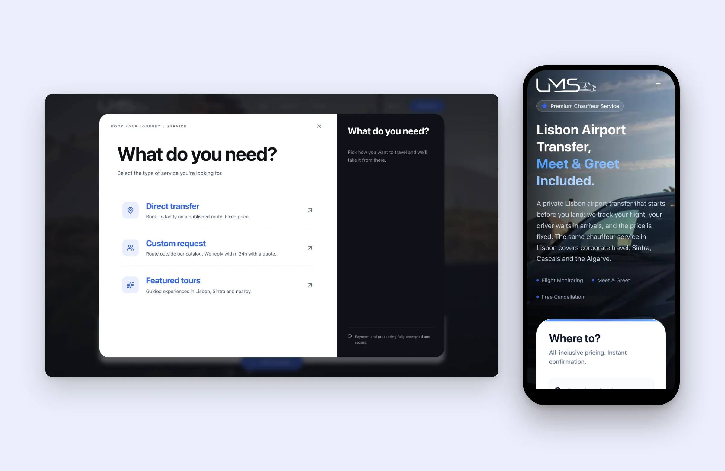 LMS booking: transfer, custom request or featured tour, and the airport transfer on mobile