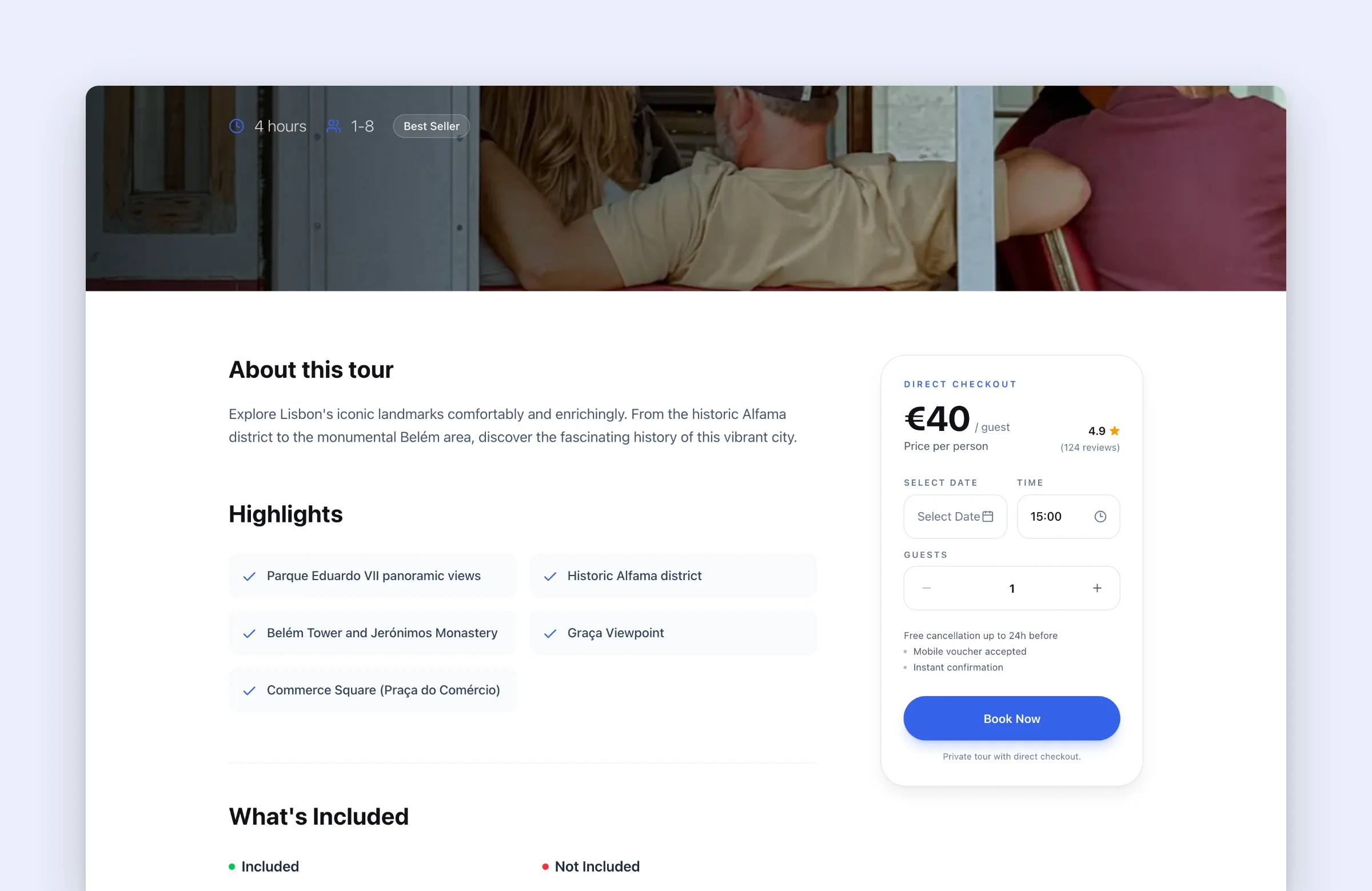 LMS tour page with highlights and direct checkout: price per person, date, time and guests