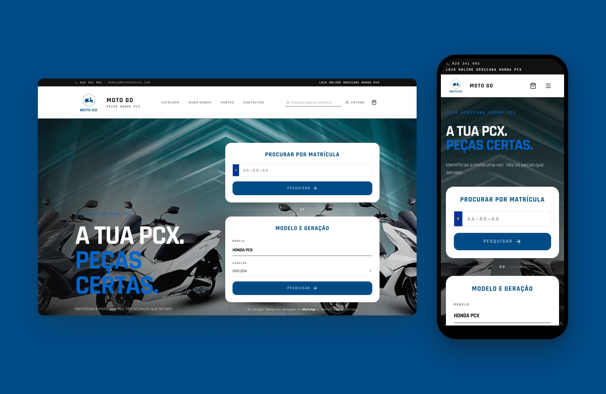 Moto Go homepage on desktop and mobile: search by registration plate or by model and generation