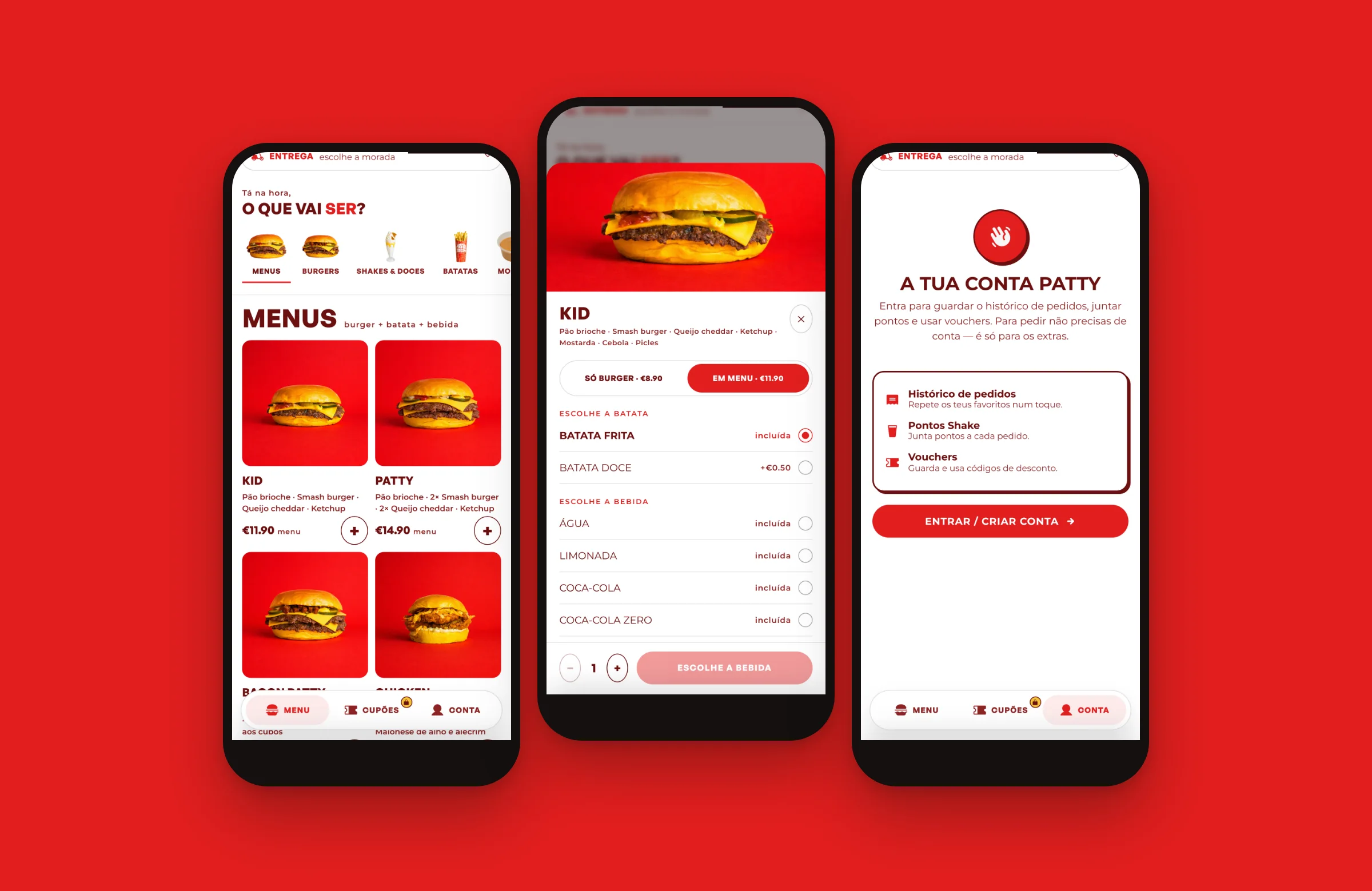 Patty ordering web app: the menu, a burger with its sides and drink, and the account with Shake points