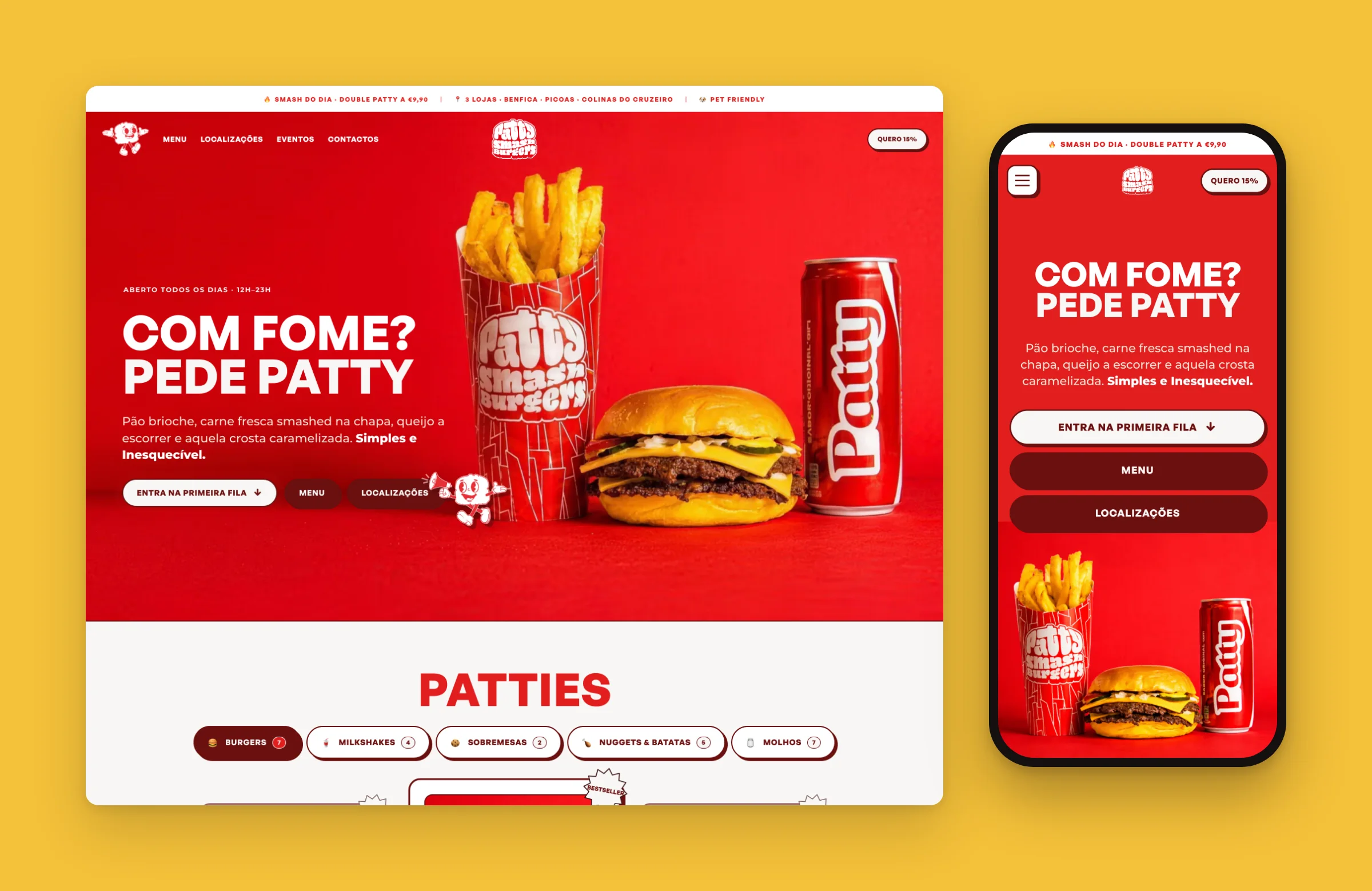 Patty Smash Burgers homepage on desktop and mobile: burger, fries and the red Patty can