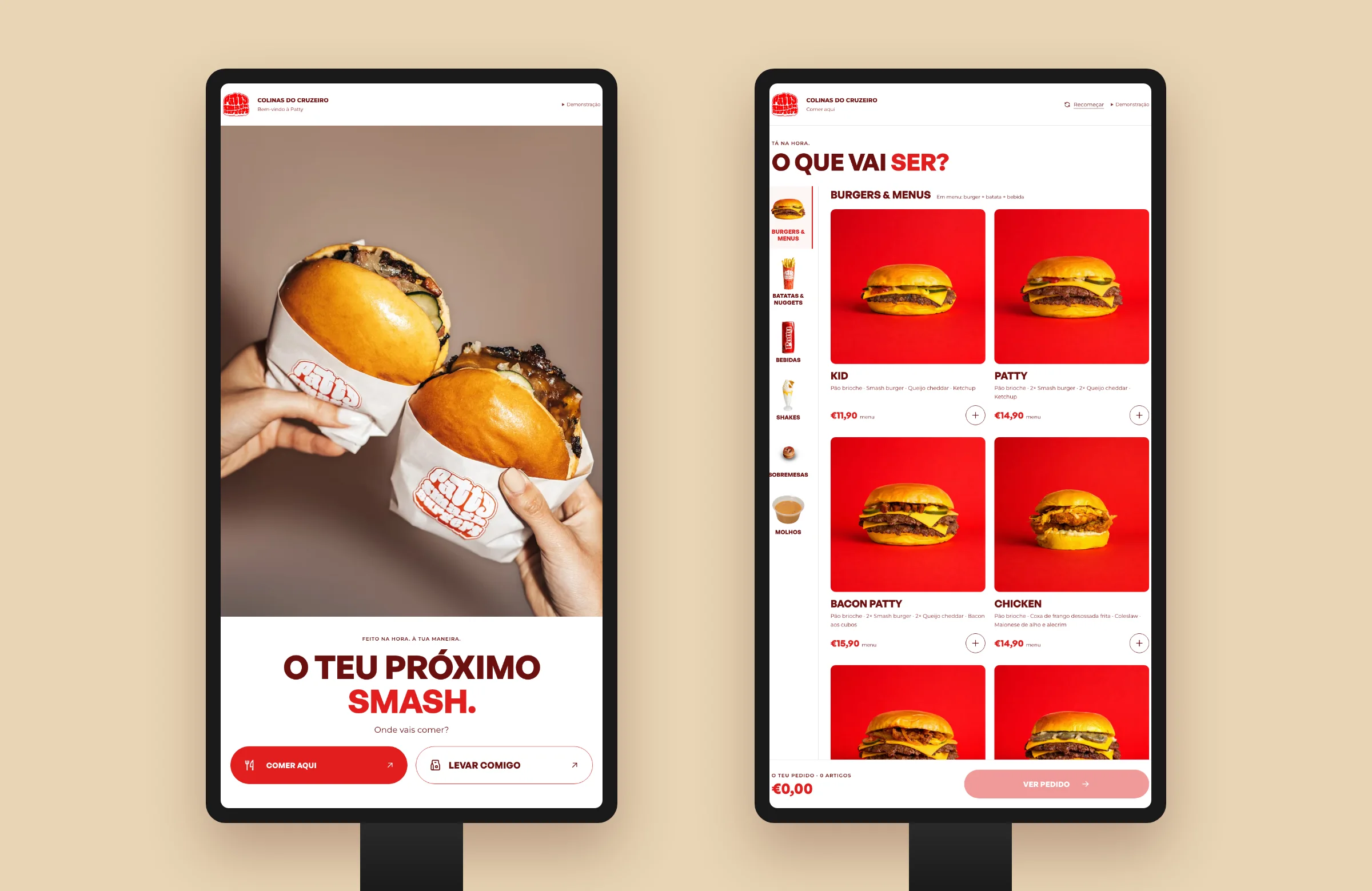 Patty self-service kiosk at Colinas do Cruzeiro: eat in or take away, then the menu