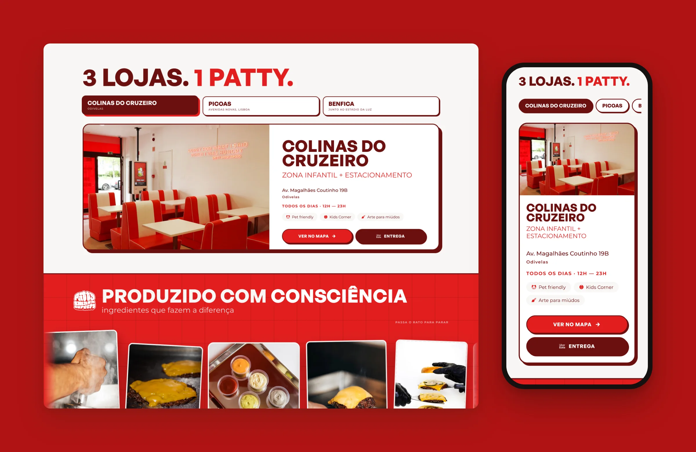 Patty's three restaurants, Colinas do Cruzeiro, Picoas and Benfica, with hours and features