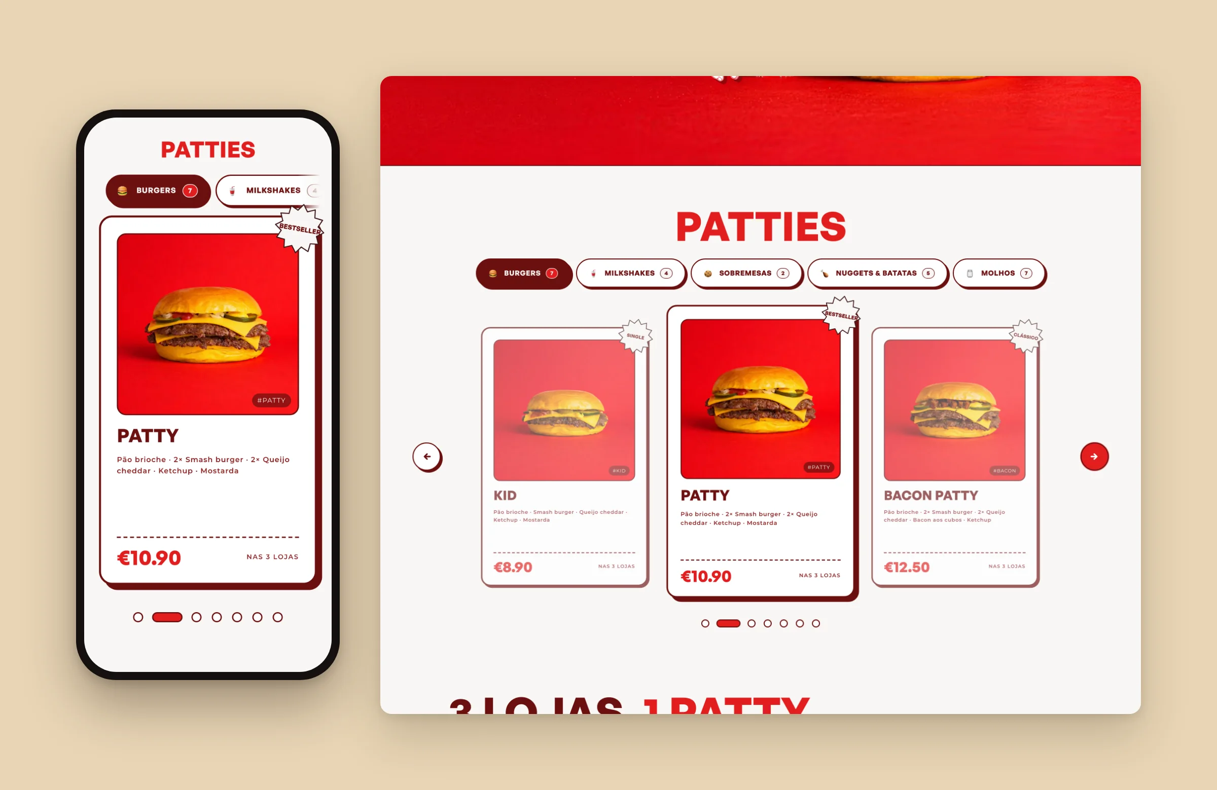 Patty menu carousel with the burgers, shakes, desserts and sides