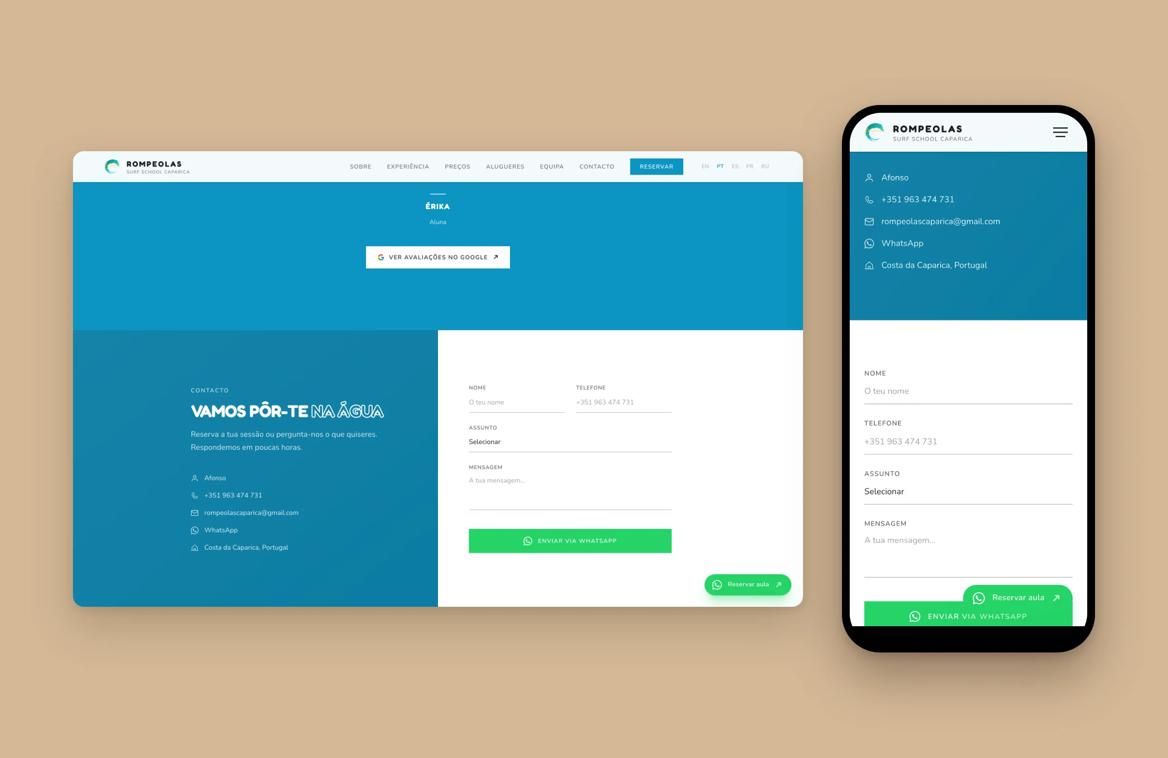 Rompeolas contact form that sends the booking through WhatsApp