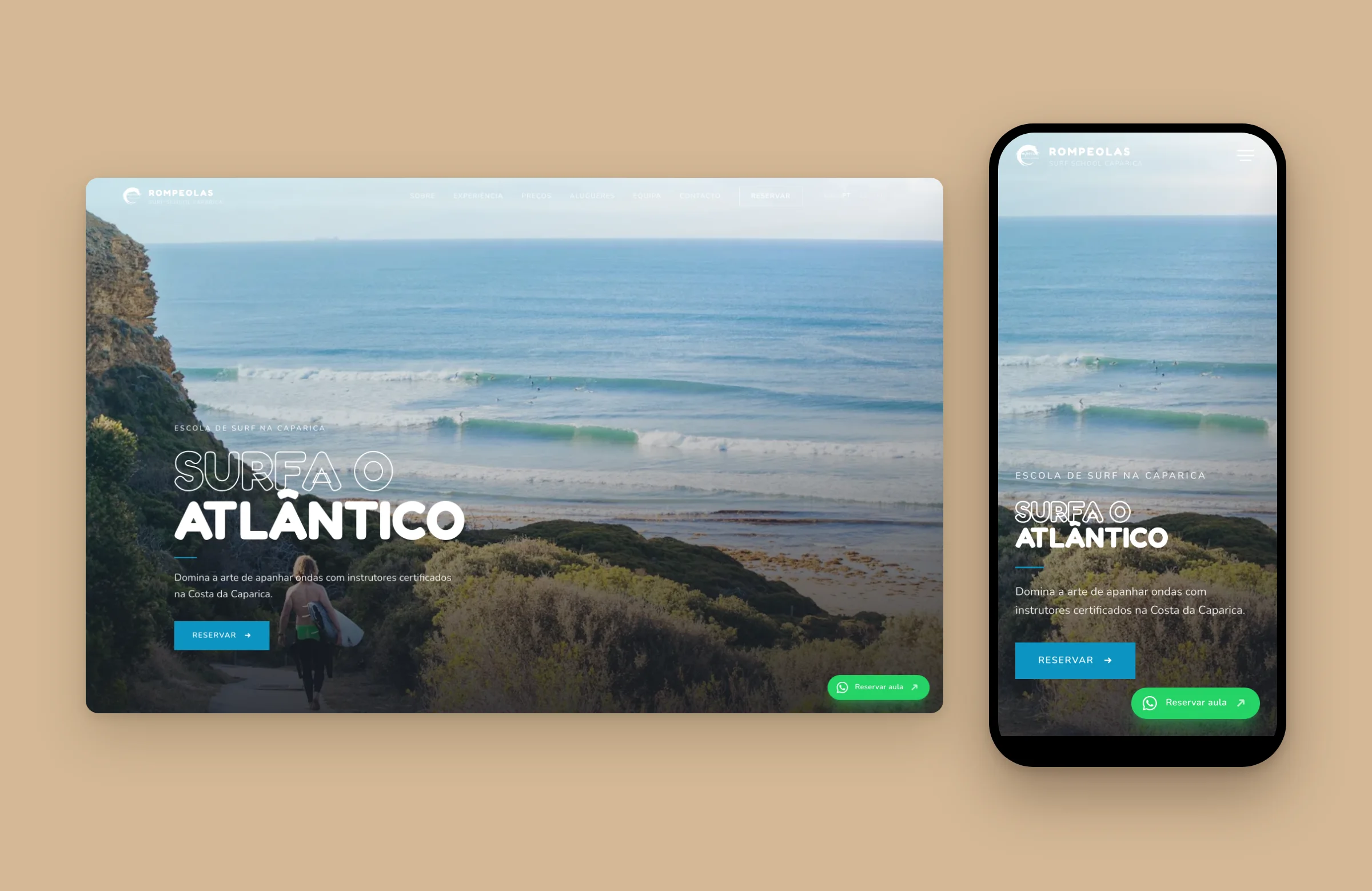 Rompeolas Surf School homepage on desktop and mobile: surf the Atlantic