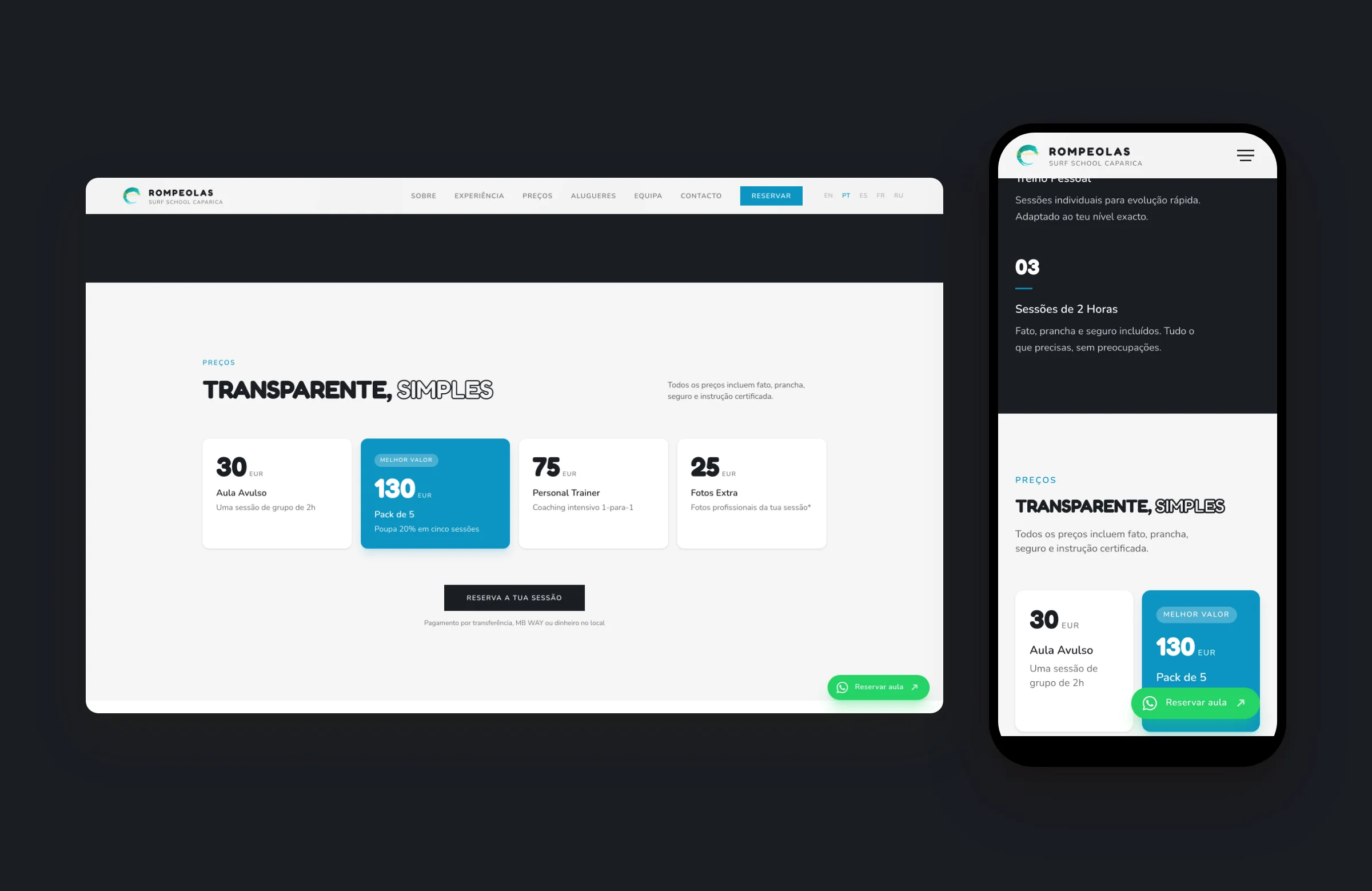 Rompeolas prices on desktop and mobile: single lesson, pack of five, personal trainer and photos