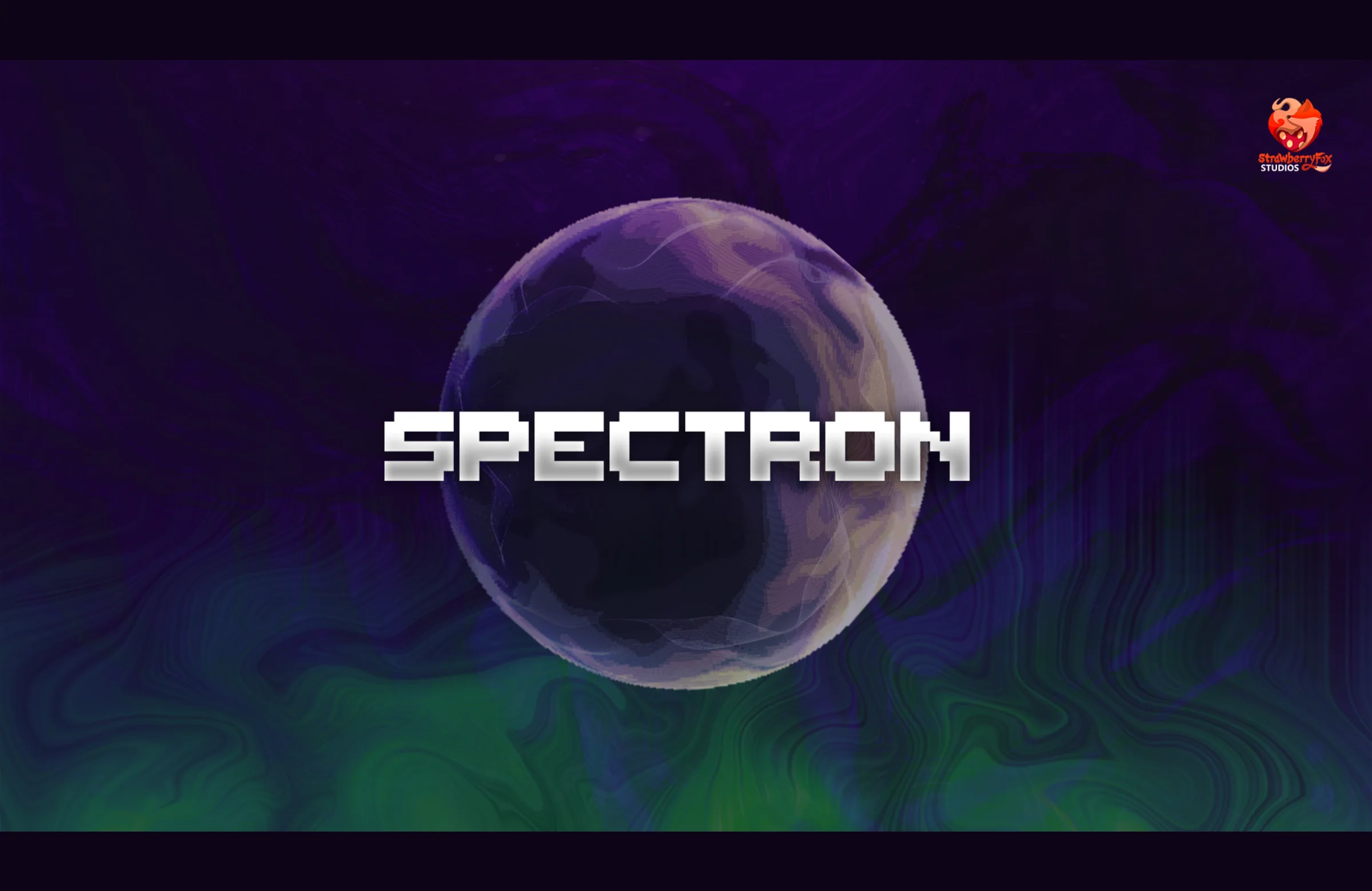 Spectron key art: the pixel title over a glass planet in neon purple and green