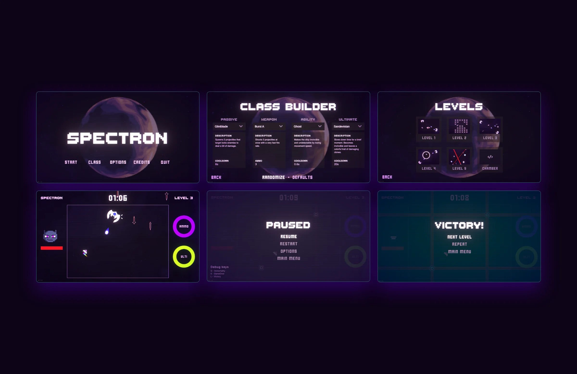 Spectron game screens: main menu, class builder, levels, gameplay, pause and victory