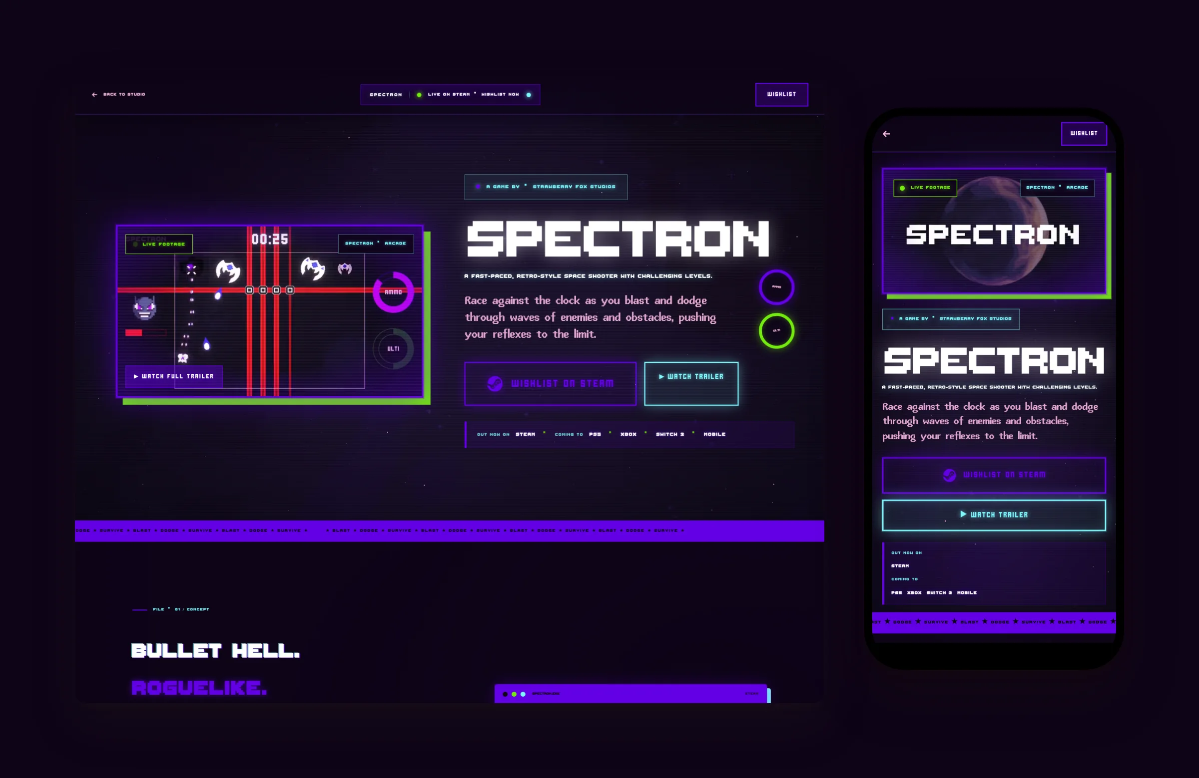 Spectron page opening on desktop and mobile, with the gameplay loop and the Steam wishlist