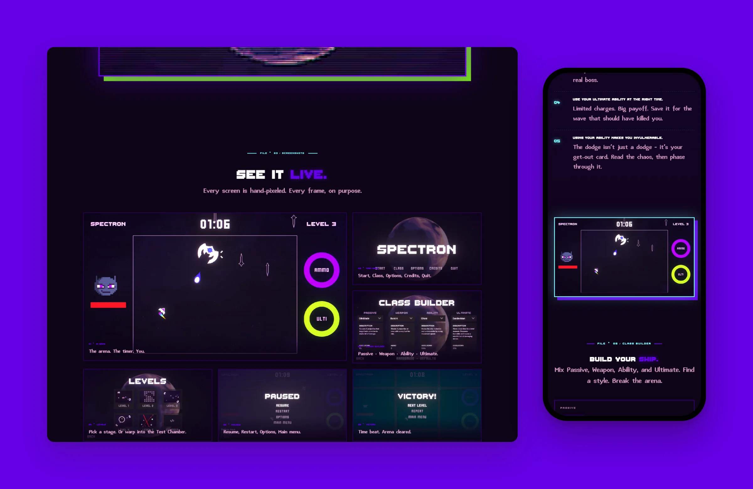 Spectron screenshots: gameplay, class builder, levels, pause and victory