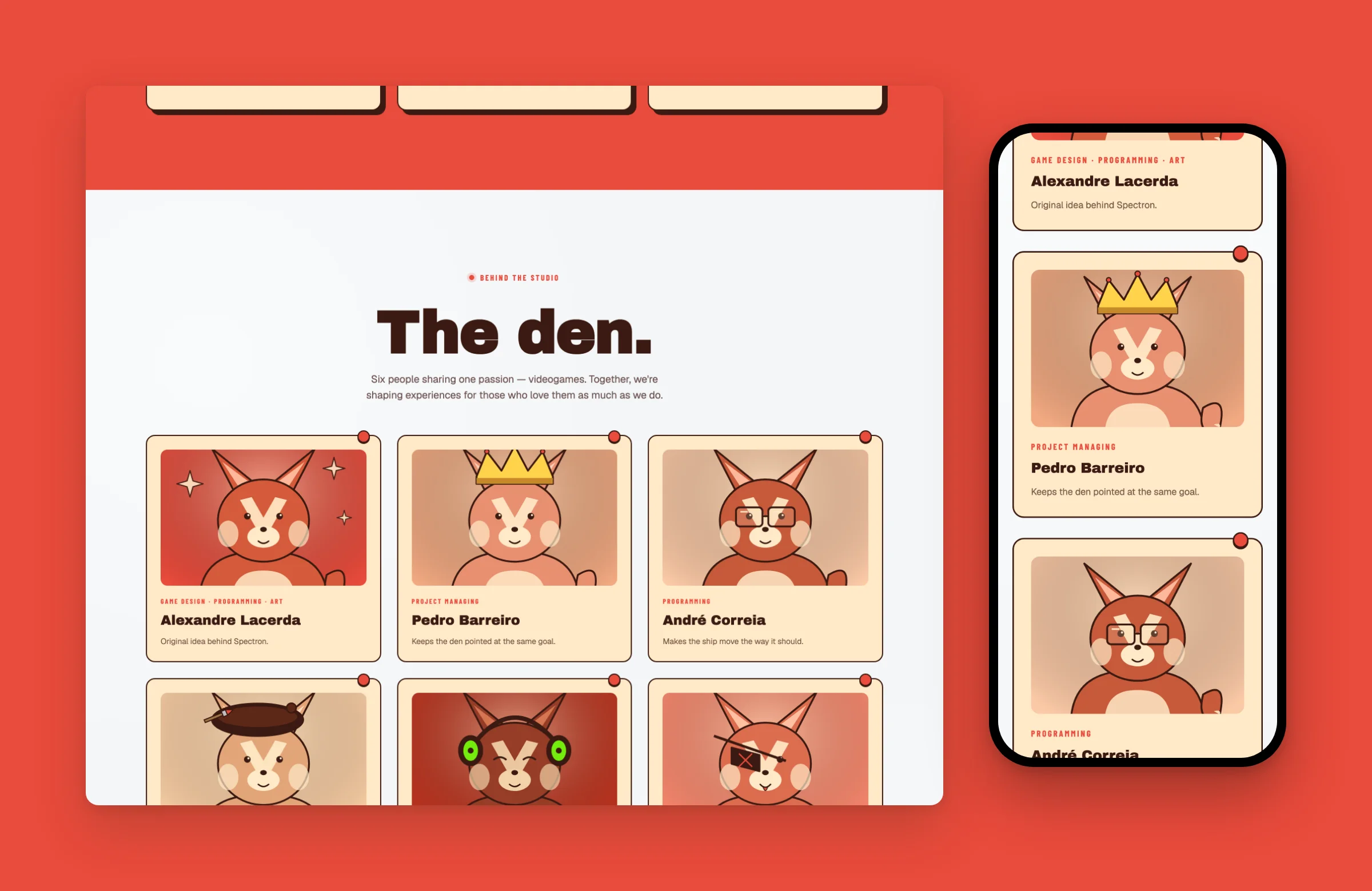 Strawberry Fox team: six fox portraits, one for each person in the studio