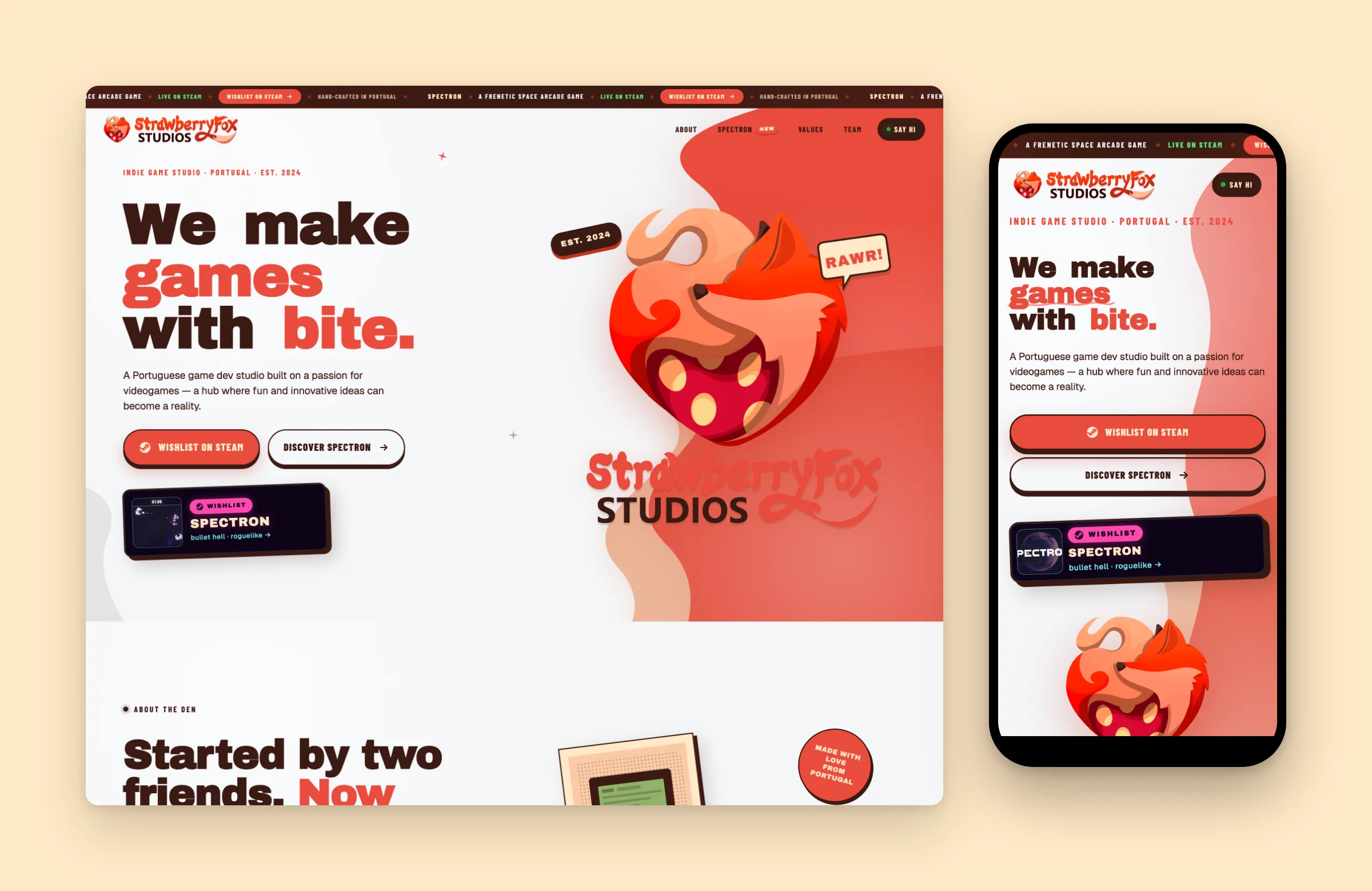 Strawberry Fox Studios homepage on desktop and mobile: we make games with bite
