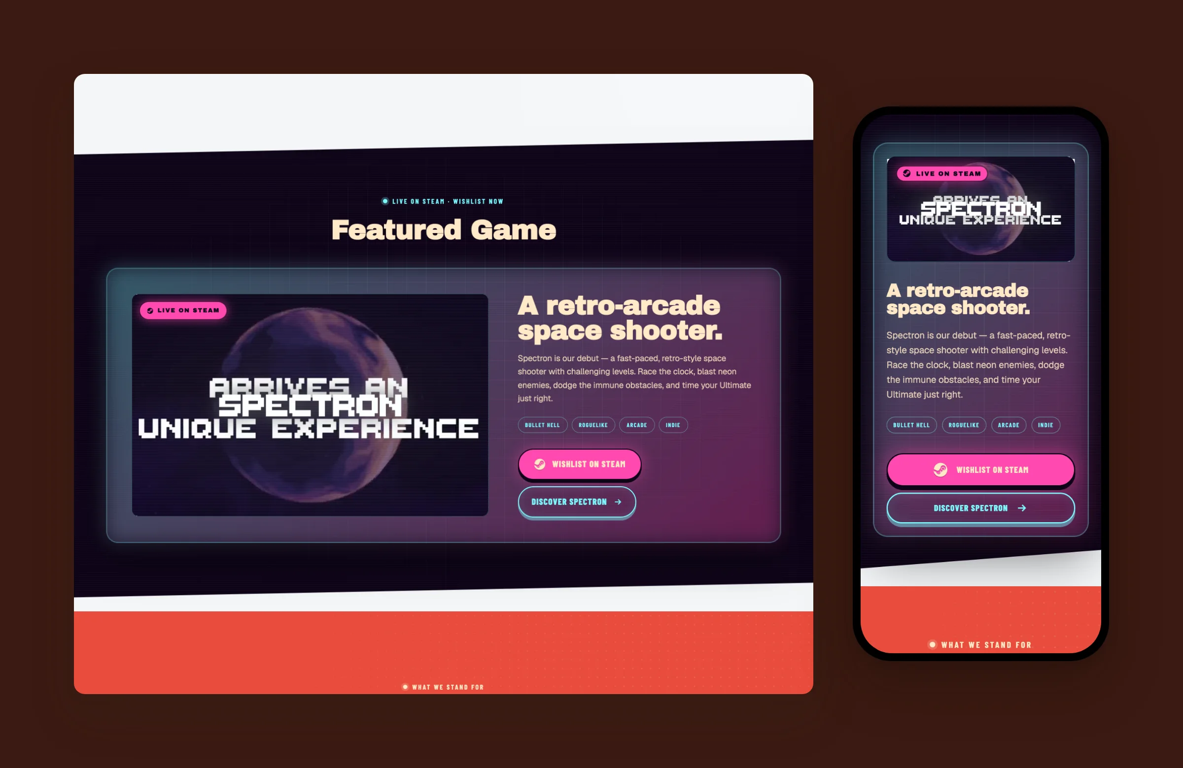 Strawberry Fox featured game section with Spectron and the Steam wishlist