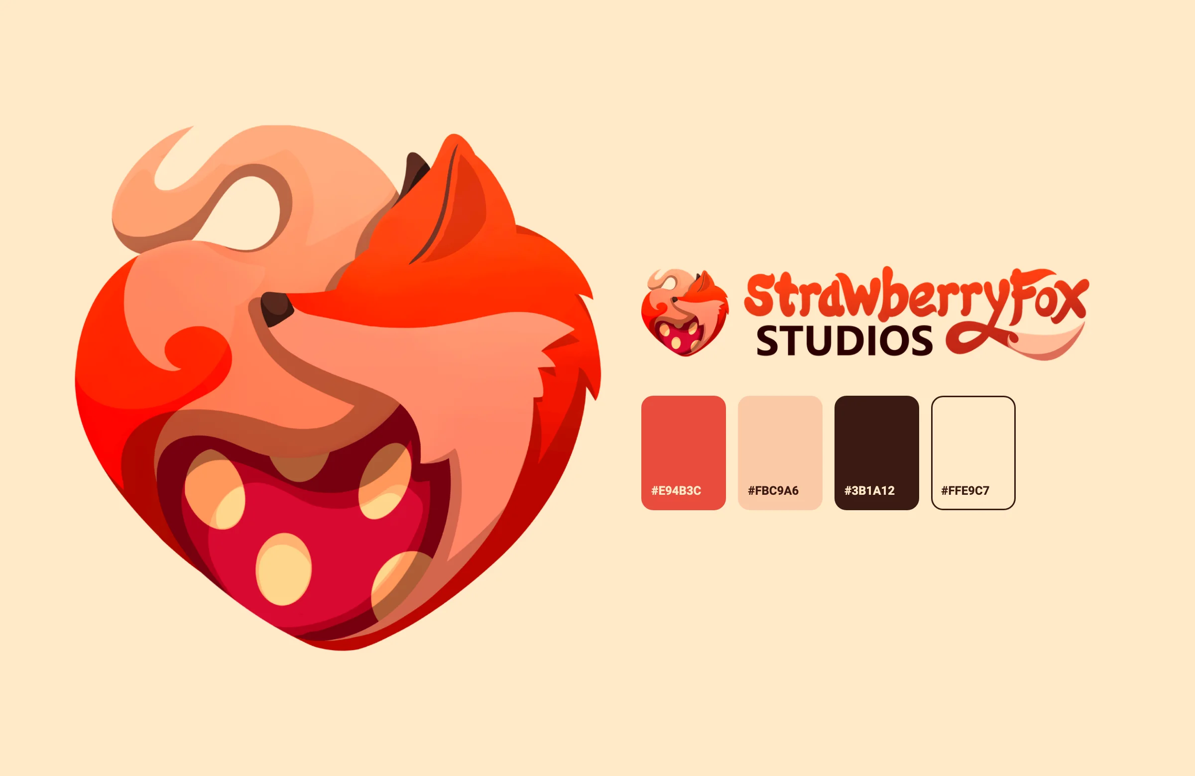 Strawberry Fox brand: the fox curled into a strawberry heart, the logo and the palette