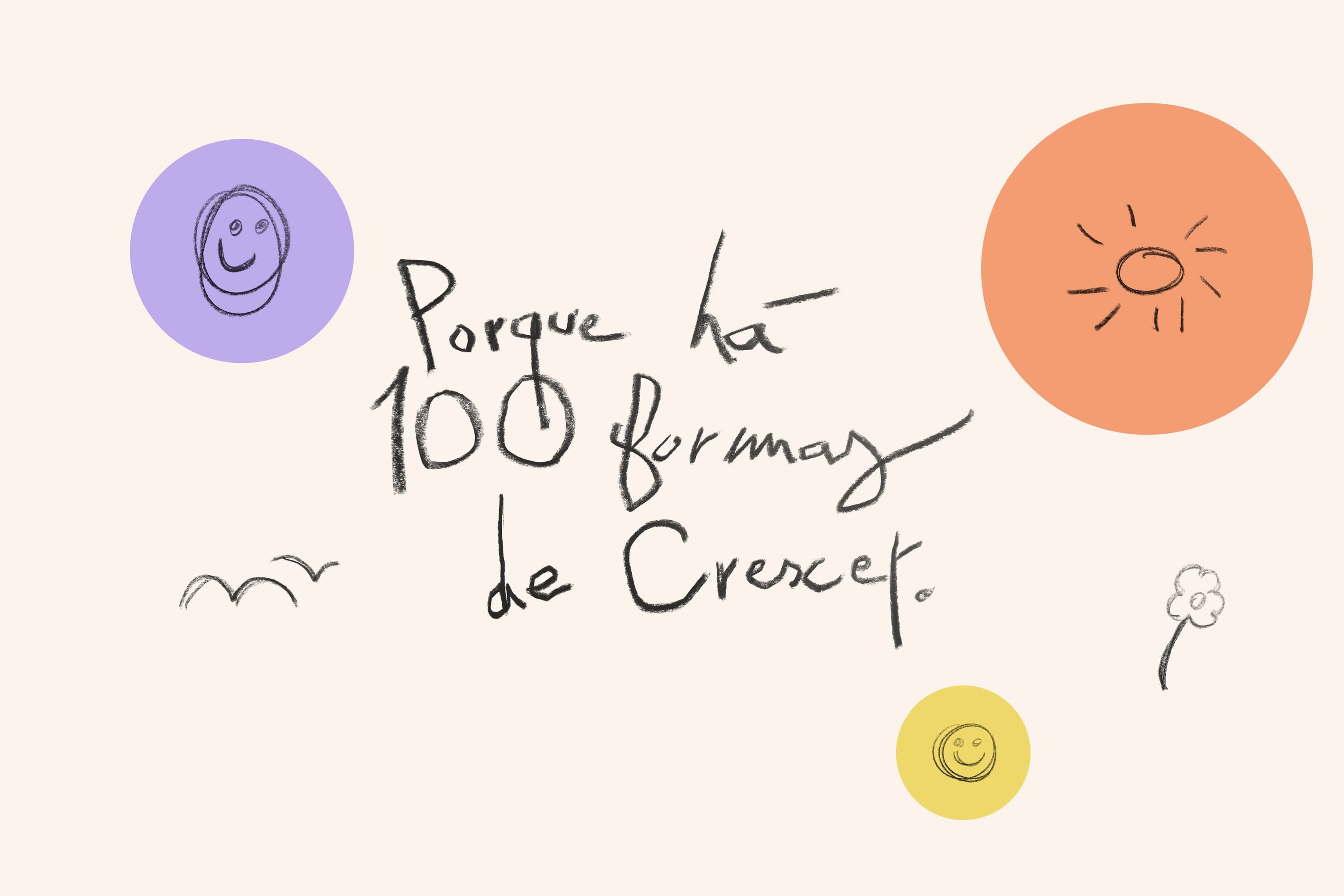100% Bebé handwriting, Porque há 100 formas de crescer, with the sun, smileys and the peach, lilac and yellow circles