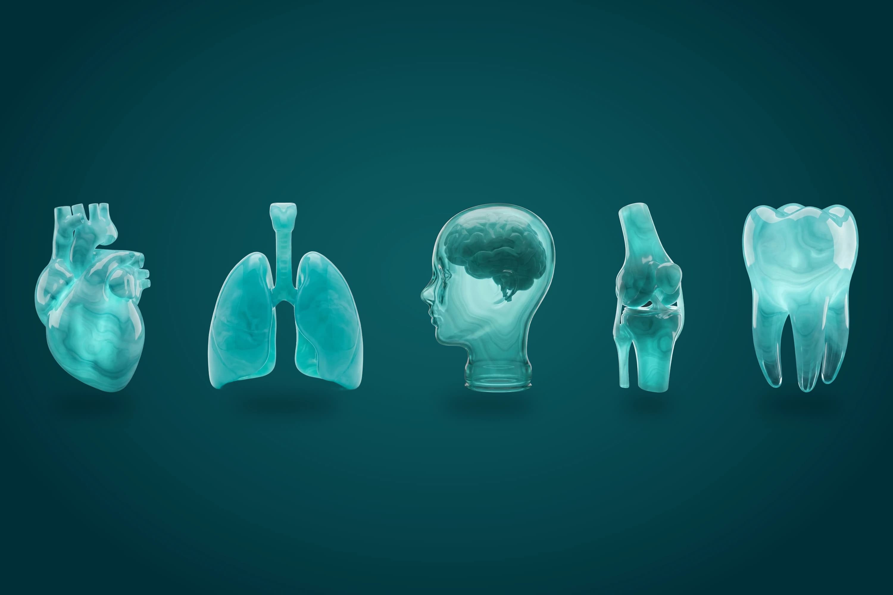 Almada Care glass organs on teal: heart, lungs, head, knee and tooth, one per specialty