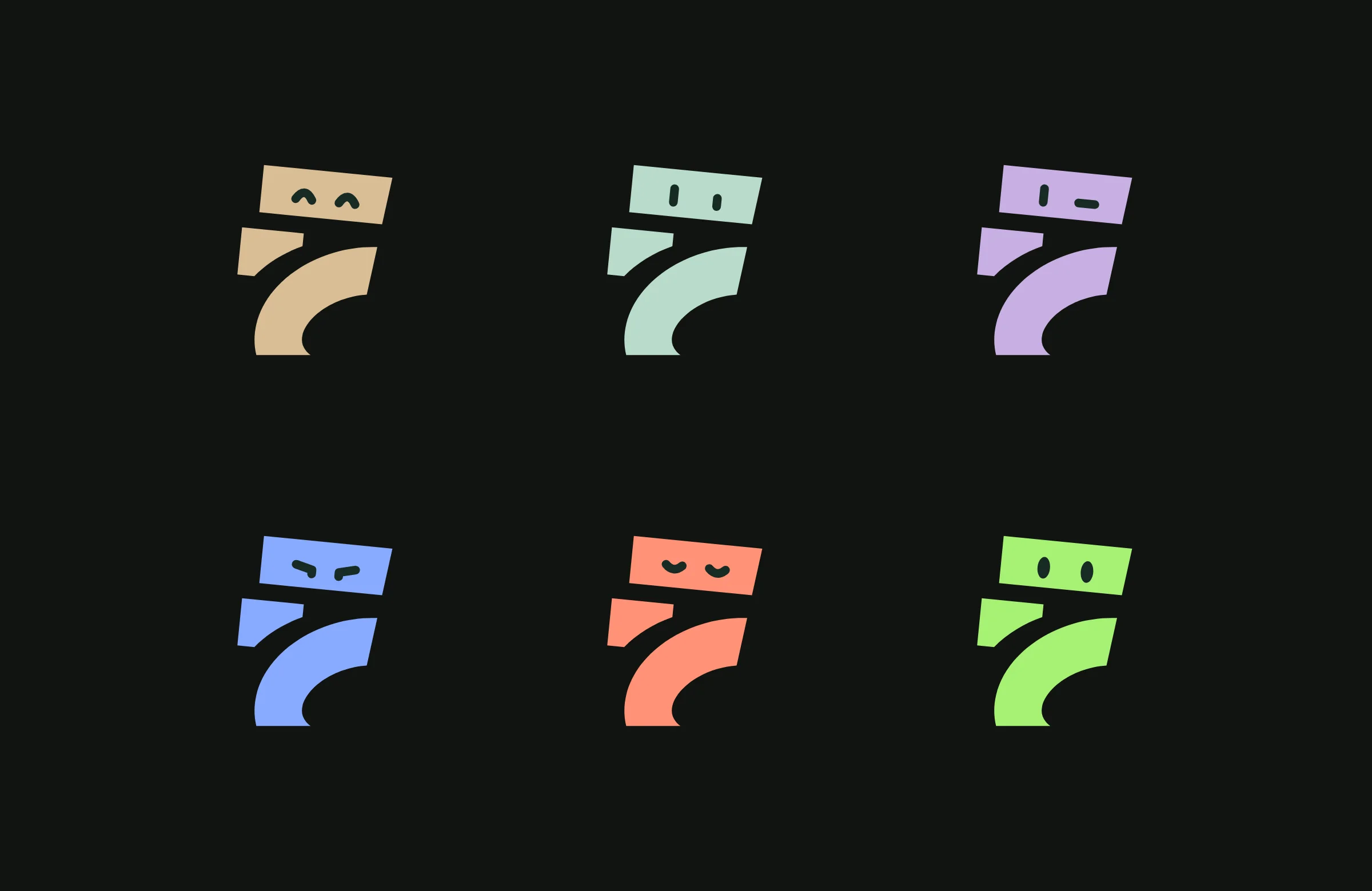 The six Forma characters, one per mood, in the brand's colours