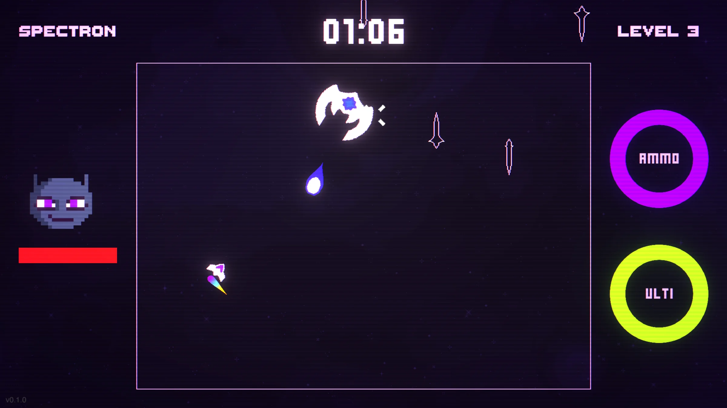 Spectron in-game: the ship facing waves of enemies in the arena