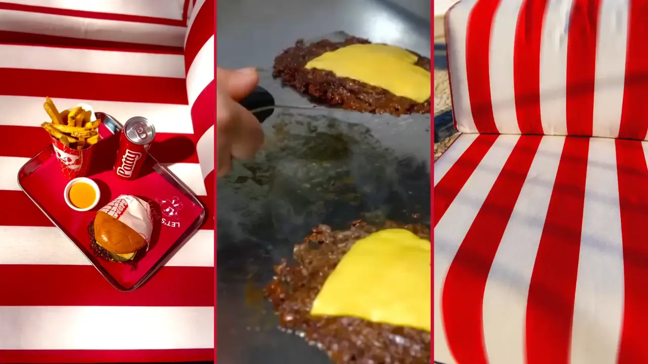 Patty fries tossed from a steel bowl against red, and a woman biting into a burger in the Patty wrapper at a fair