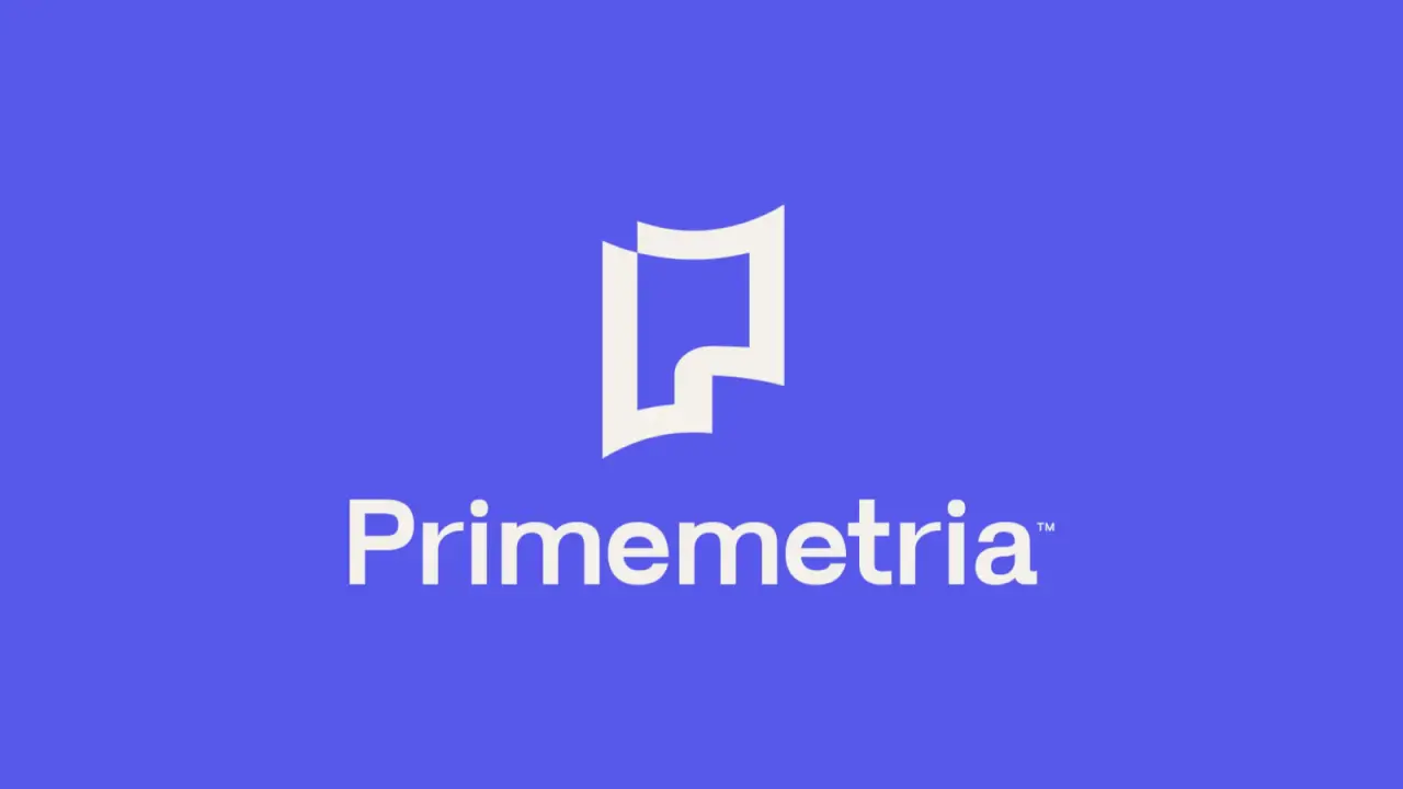 The Primemetria symbol, cropped large in lilac on the brand purple